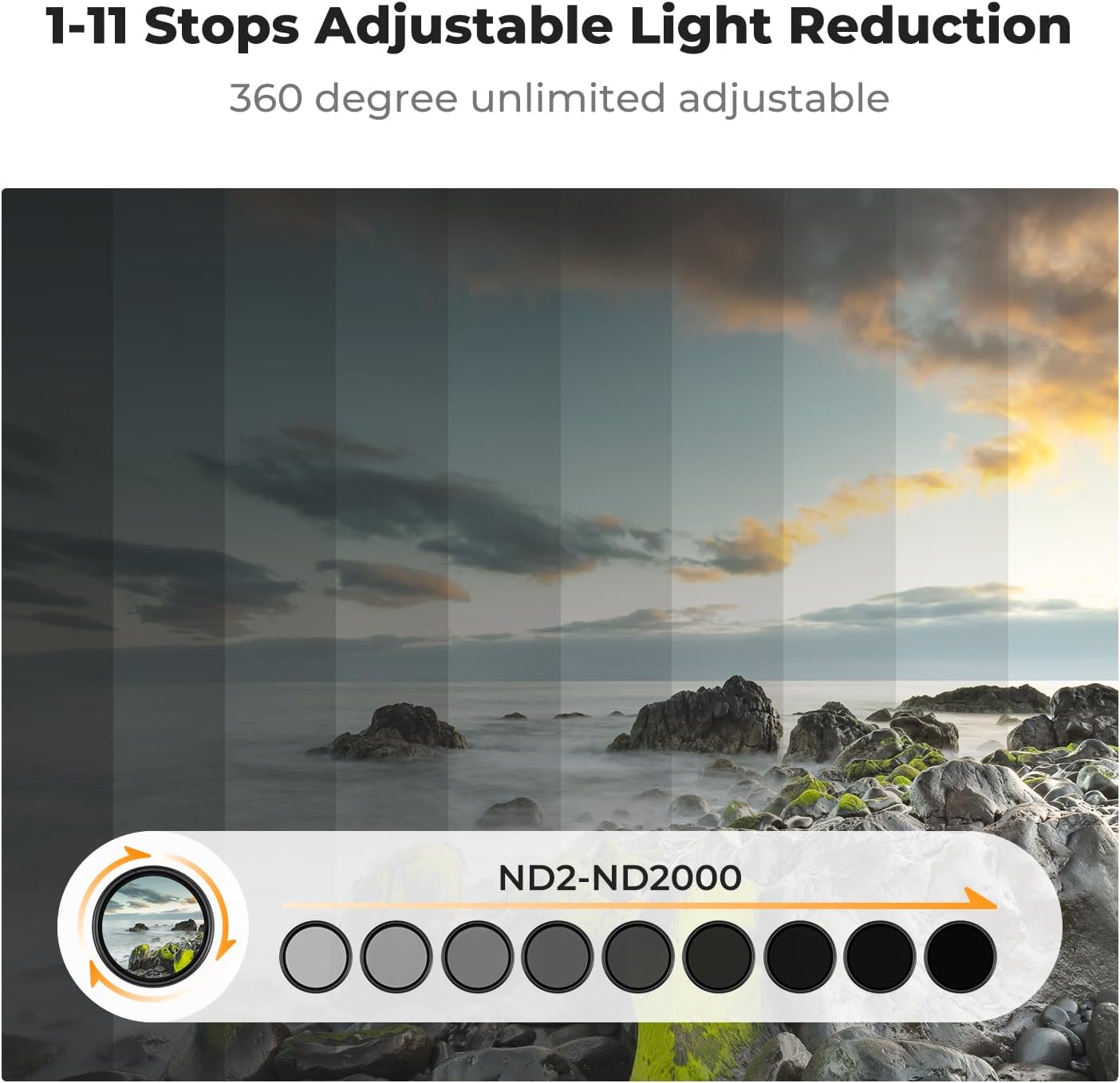 K&F CONCEPT 77mm Variable ND2-2000 (1-11 Stops) ND Camera Lens Filter-18 Multi-Coated Adjustable Neutral Density Filter with 3 Vacuum Cleaning Cloths (K-Series)