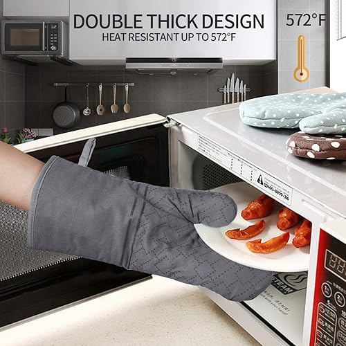 Miniatura 3 de Oven Mitts and Pot Holders Set 4Pcs, Oven Mitt 572F Heat Resistant for Kitchen, Soft Cotton Lining Oven Gloves with Non-Slip Silicone Surface for