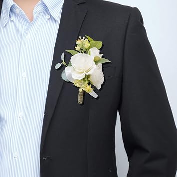 Groom Boutonniere 2 Pcs Wedding Bestman Lapel Artificial Flower Groomsman Parent Small Beige Roses Boutonniere Flower for Wedding Quinceanera Birthday Father Daughter Dance Prom Homecoming