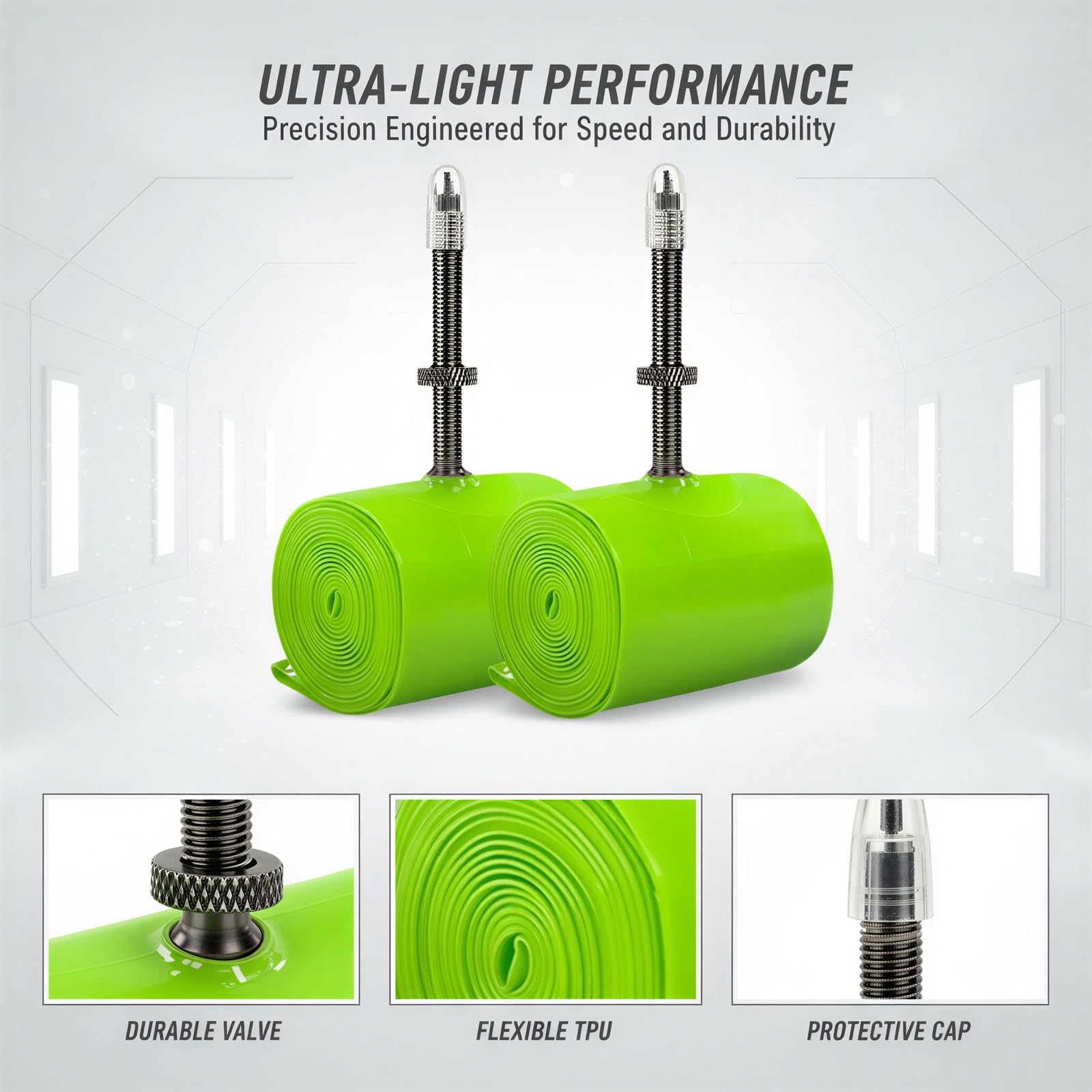 Chambres à air TPU avec Valve Presta, Chambre de vélo Ultra légère de 50 g pour Route 700C et VTT 29 Pouces, Limite Les crevaisons, Compatible 18 à 32 mm, Noyau Amovible, rustines