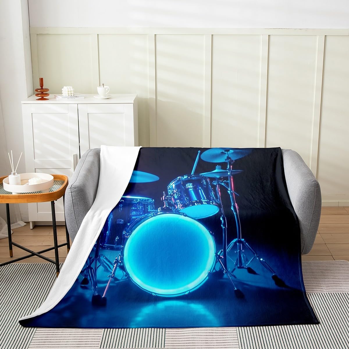 Erosebridal 3D Drum Kit Flannel Blanket Blue Light Drum Kit Fuzzy Plush Throw Rock Musical Instrument Fleece Blanket for Kids Boys Girls,Rock Music Theme Decor for Bed Couch Queen 90"x90"