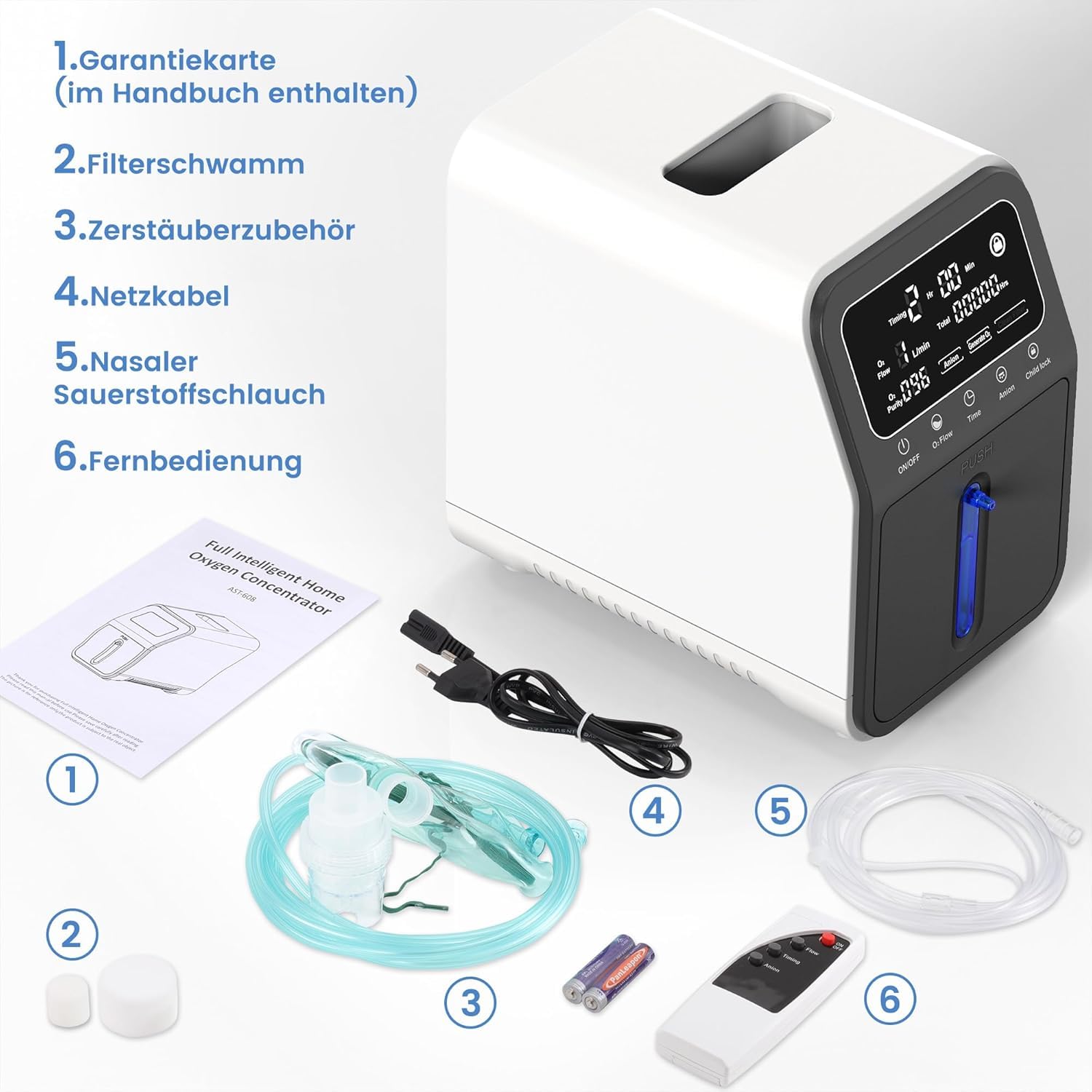 Dispositivo di ossigeno per la casa, ossigeno 30% ~ 90%, purezza 1-9 l/min, alimentazione continua di ossigeno 24 ore, con nebulizzazione, concentratore di ossigeno remoto, 5,5 kg, per la casa