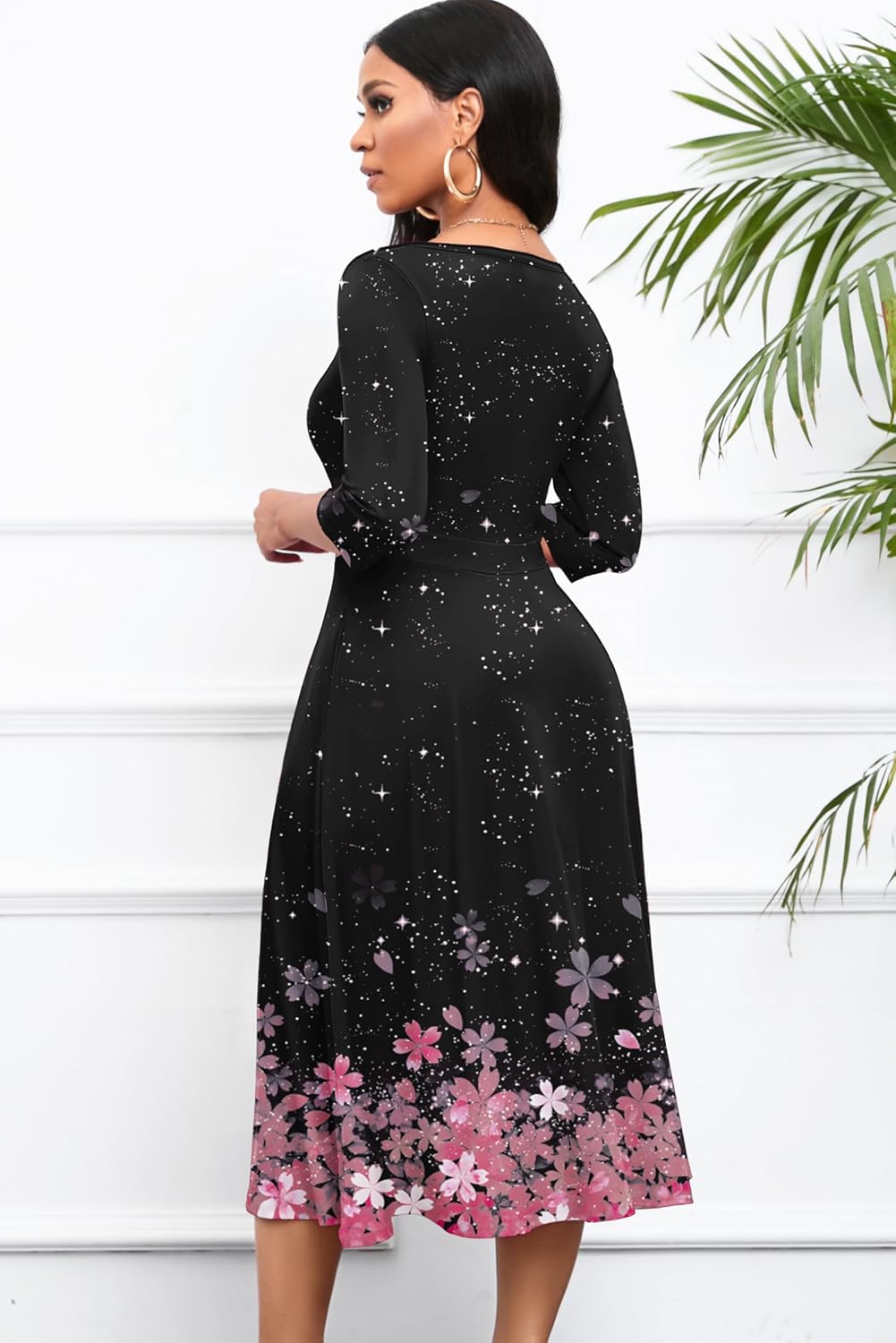 Nmoder Women's Casual Wrap Flared Midi Dress Wedding Guest Cocktail Tea Dresses A-Line Swing V-Neck 3/4 Sleeve - Image 4