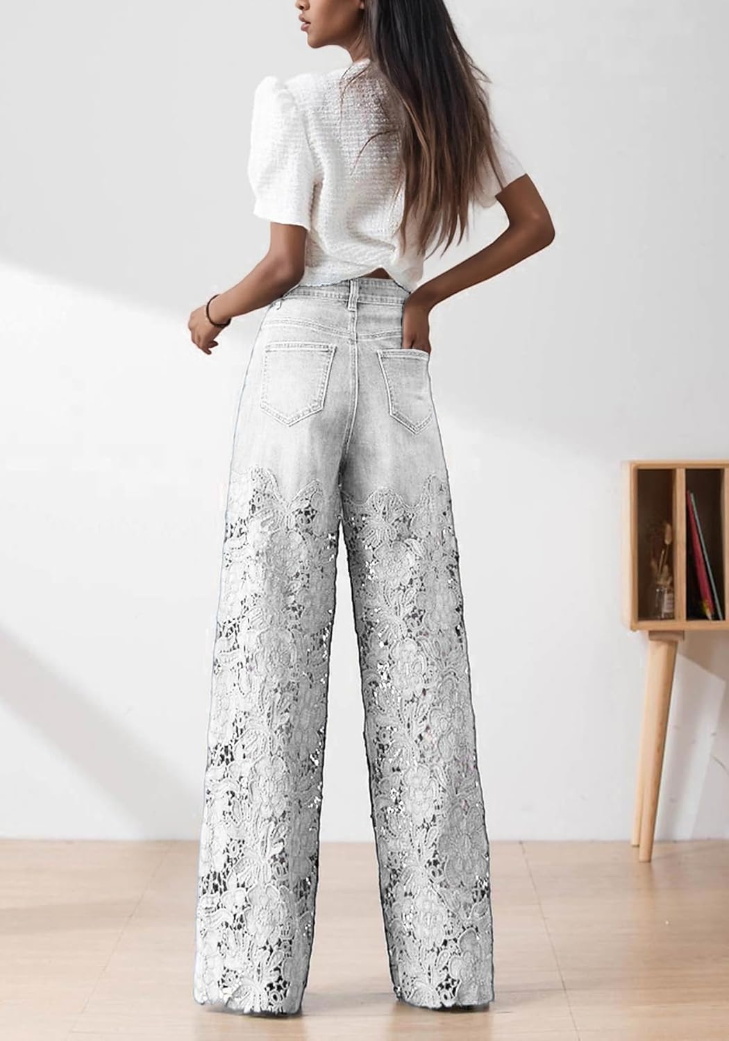 LETSVDO Womens Lace Patchwork Jeans High Waist Straight Wide Leg Hollow Out Sheer Flower Loose Baggy Denim Pants Trouser