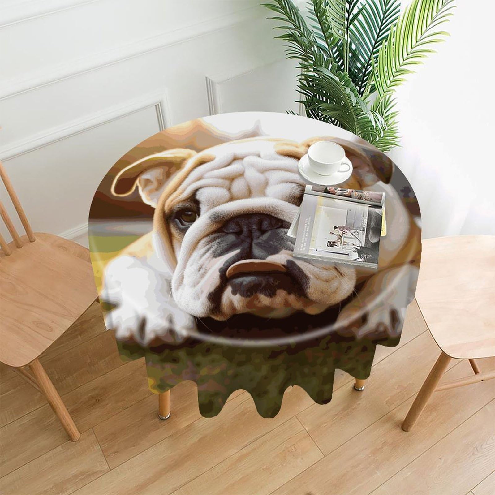 Cute Bulldog Puppy Tablecloth Exquisite Wrinkle-Free Straight-Edge Round Table Cloth Anti-Fading Premium Polyester Tablecloth Waterproof Folding Table Cloths for Tables Decor