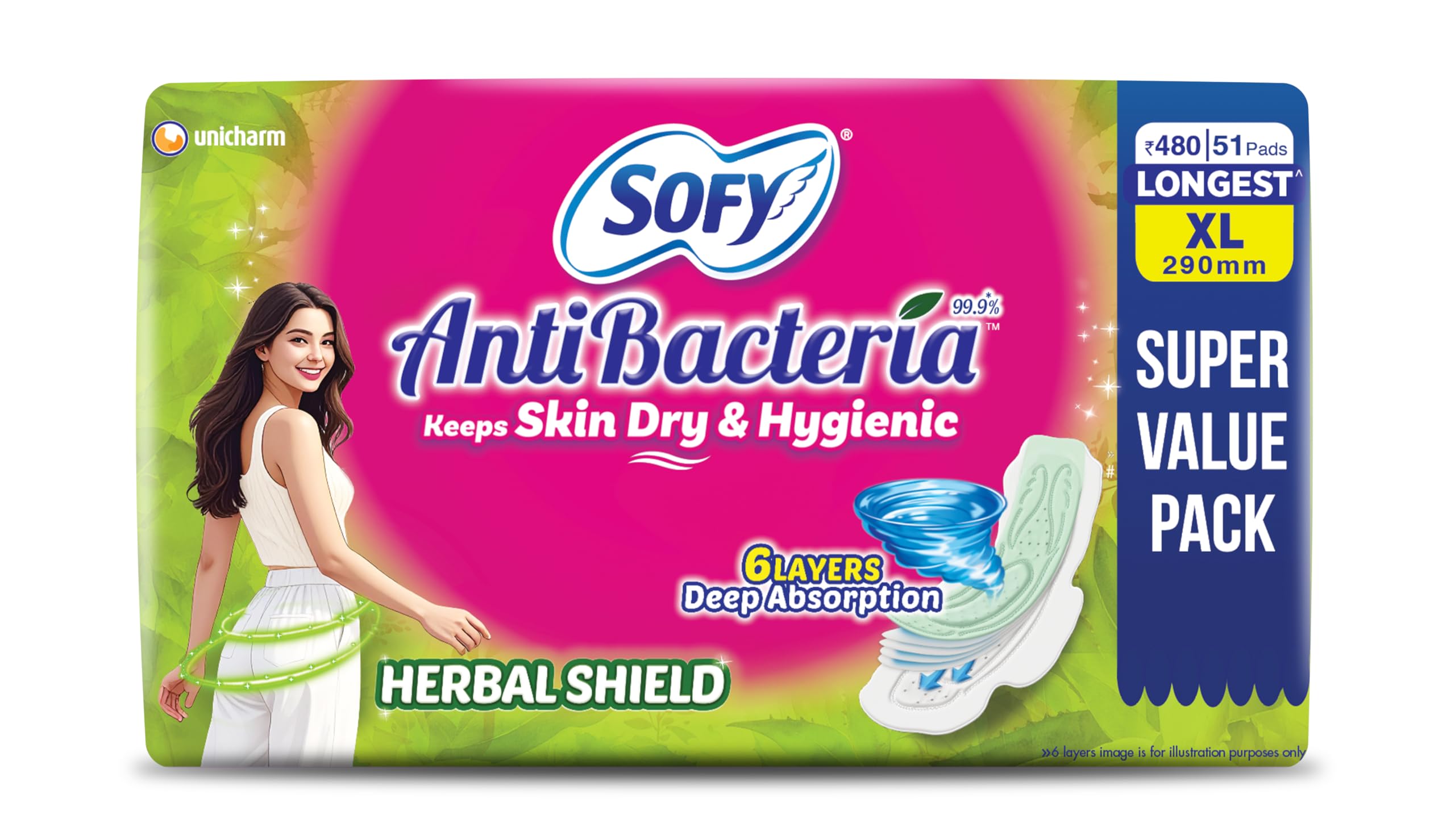 Sofy AntiBacteria XL - 290mm | 51 Count pads | For Women Sanitary Pads | Keep Skin Dry | 6 Layer Deep Absorption | Herbal Shield | Hygiene & Herbs | X-Large discount deal