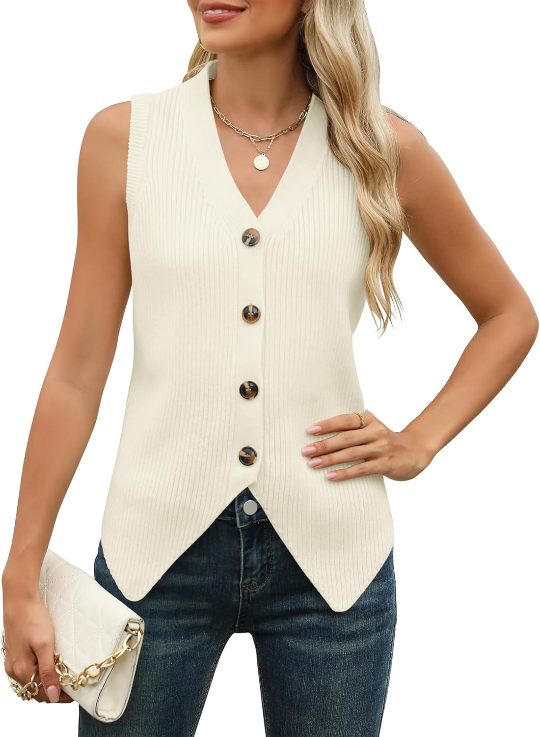 V Neck Button Vests VAFOLY Women's Sleeveless Knit Vest - V-Neck Button ...