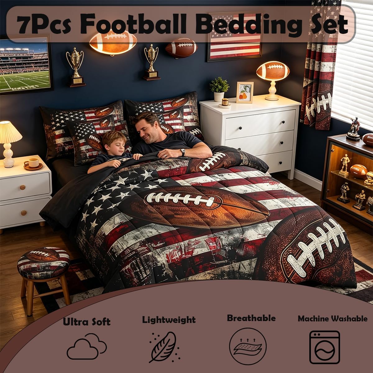 Feelyou Boys Football Comforter Set Kids Girls Queen Size 7 Pieces American Flag Bedding Set Rugby Gaming Sports Sports Theme Bed in a Bag with Comforter, Sheets, Pillowcases & Cushion Cover