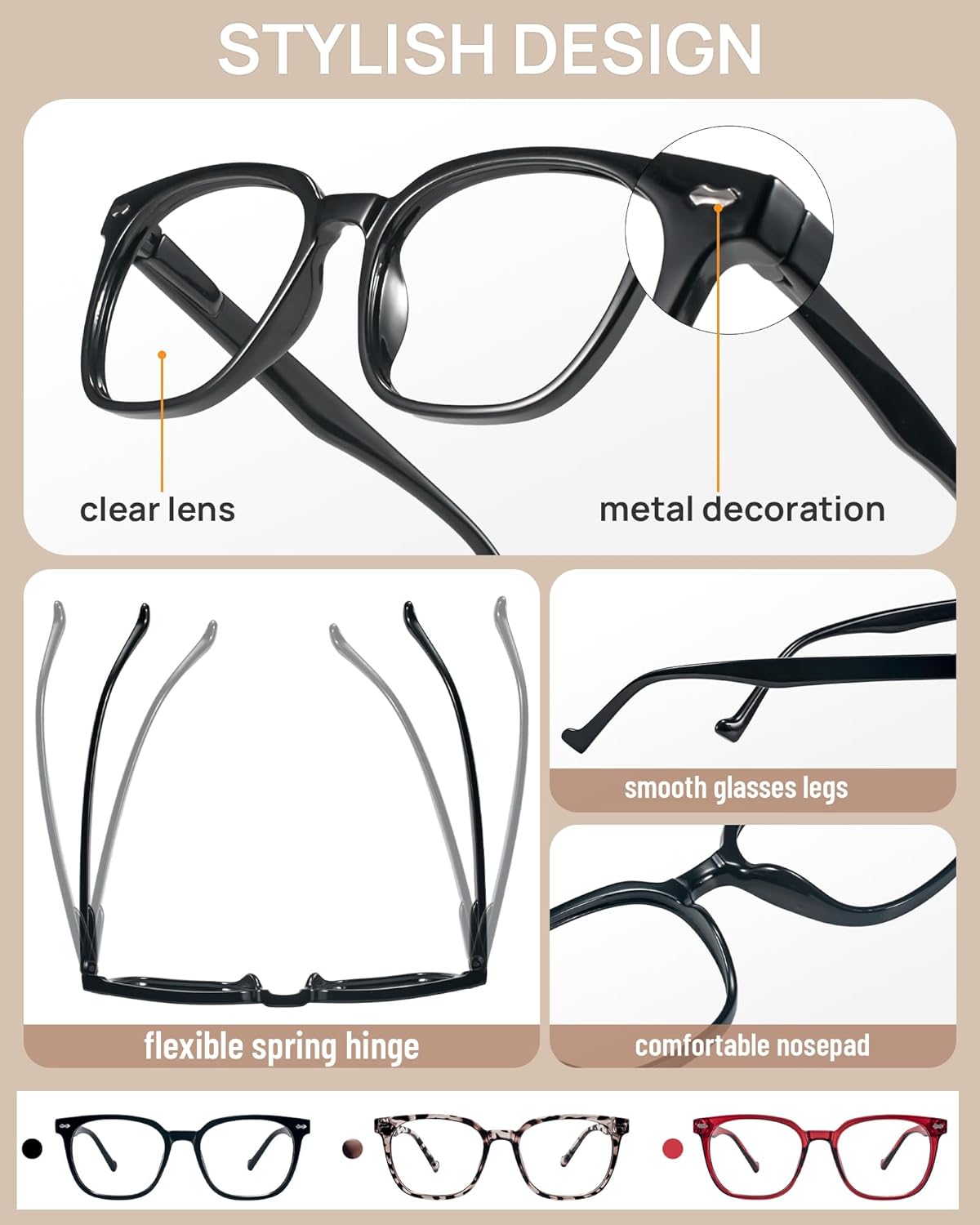 AEZUNI Large Frame Reading Glasses for Women Trendy Square Readers Eyeglasses 1.0 1.5 2.0 2.5 3.0 3.5 4.0 5.0 6.0 - Image 3