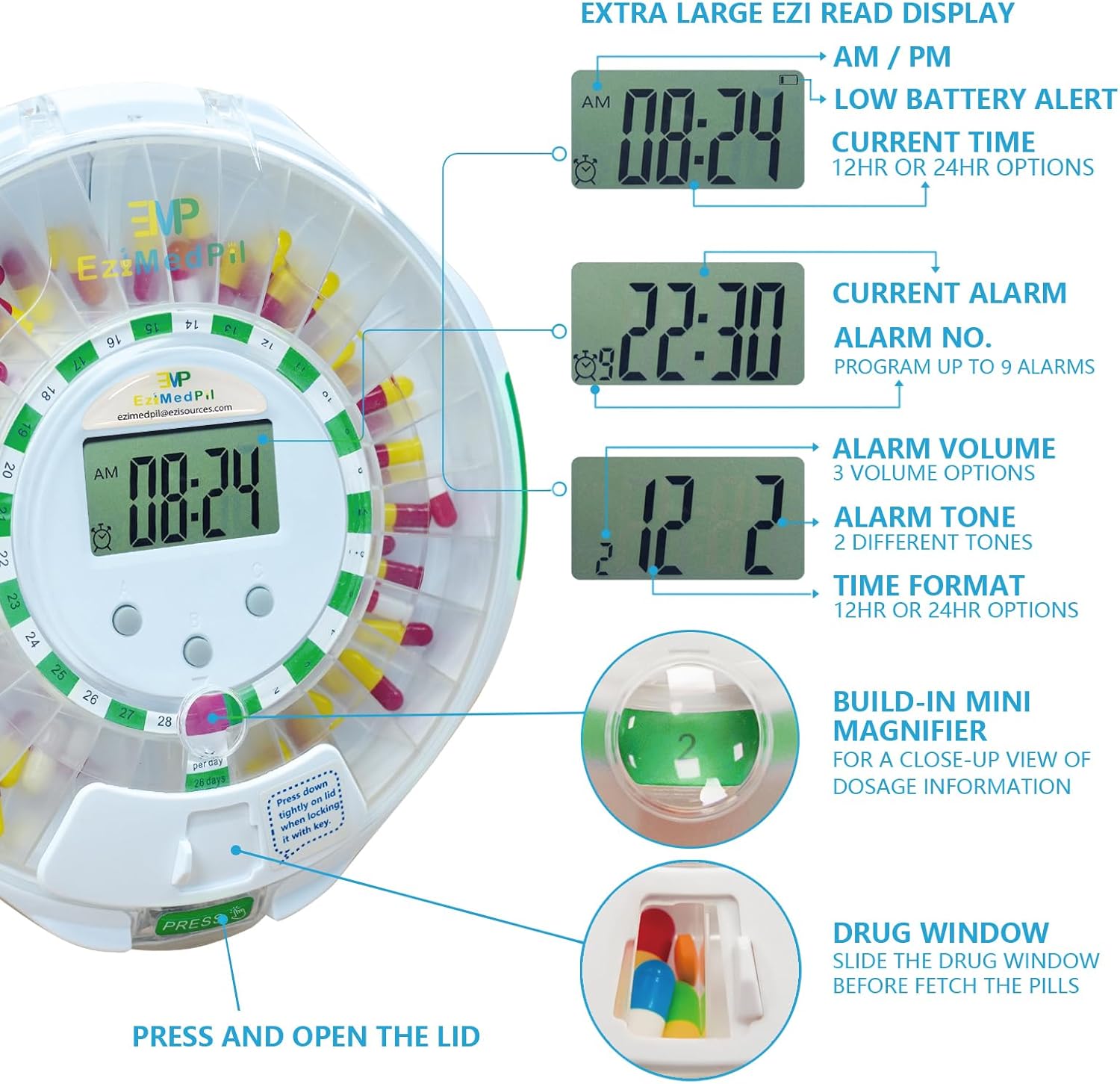 Detailed view of the EziMedPil Bluetooth Pill Dispenser's LCD display and features.