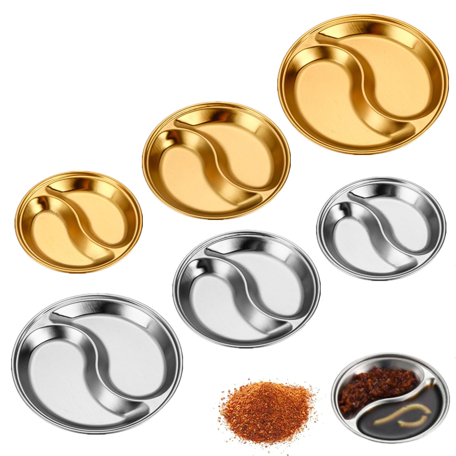 Morices 6 Pcs Stainless Steel Dipping Sauce Dishes, Multi-size Stackable Round Seasoning Dish 2 Compartment Sushi Dipping Bowls Divided Spices Soy Sauce Cups Snacks Fruits Appetizer Serving Plates