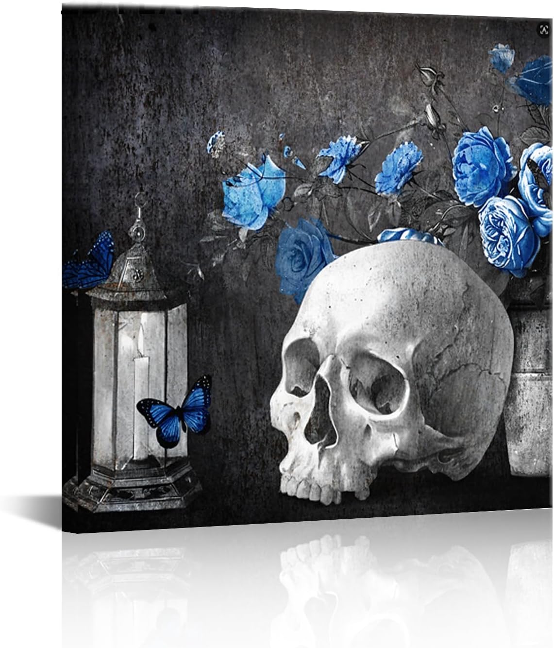 ChaudArt Human Skull Head Canvas Wall Art Skeleton with Grey Blue Rose Rustic Art Prints for Vintage Artwork Home Bedroom Living Room Halloween Day Decoration Stretched and Framed
