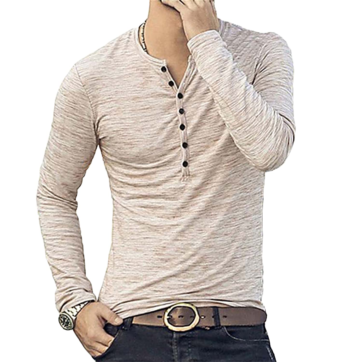 Maiyifu-GJ Men's Fashion Casual Front Placket Long Sleeve Fashion Cotton Shirts Retro Button Down Washed T-Shirts (Khaki,X-Large)
