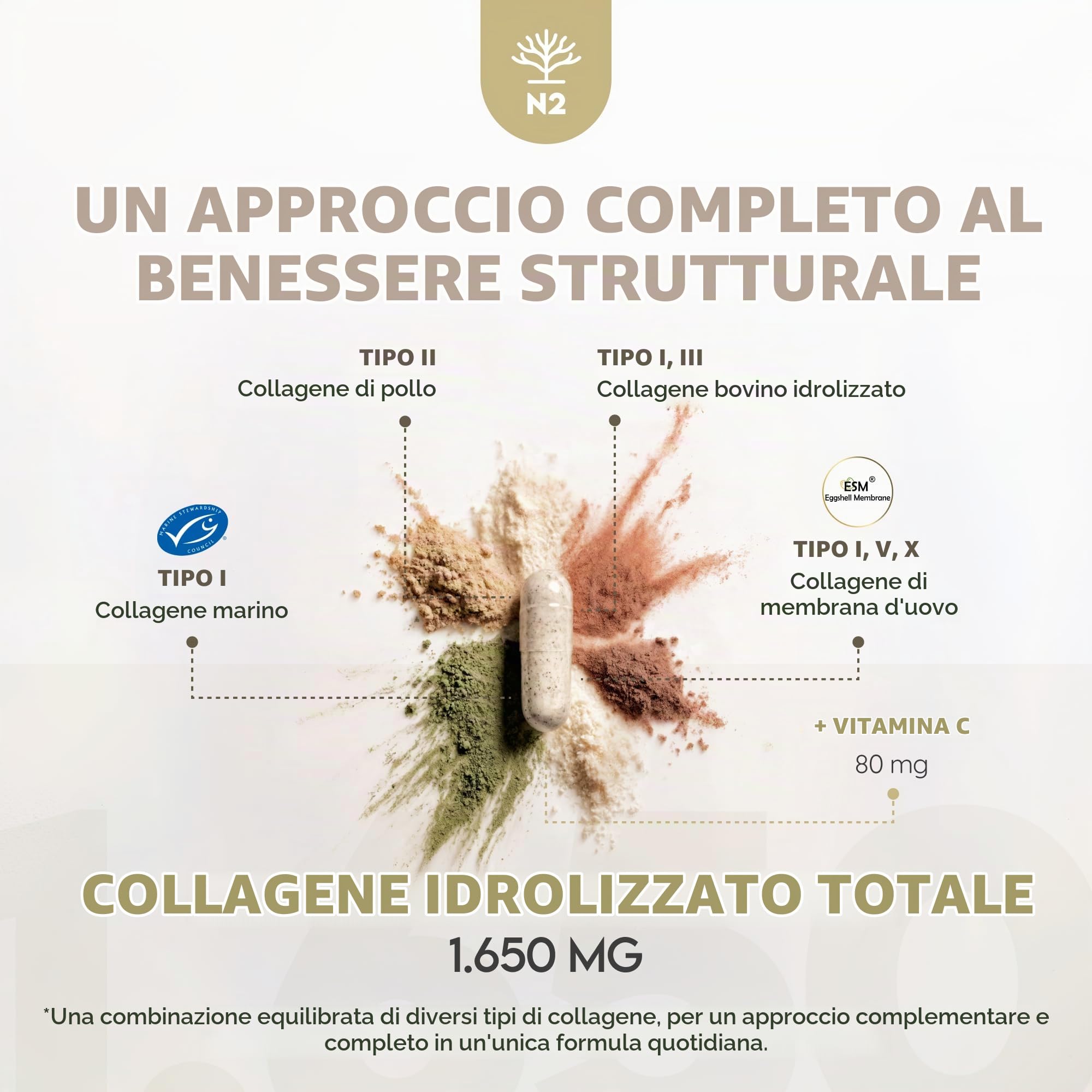 Multi Collagene + Omega 3 N2 Natural Nutrition: Pack 2 Prodotti Collagene Tipi I II III V X con Vitamina C e Olio di Pesce 2000 mg EPA 700 DHA 500 180 Capsule e 120 Softgel