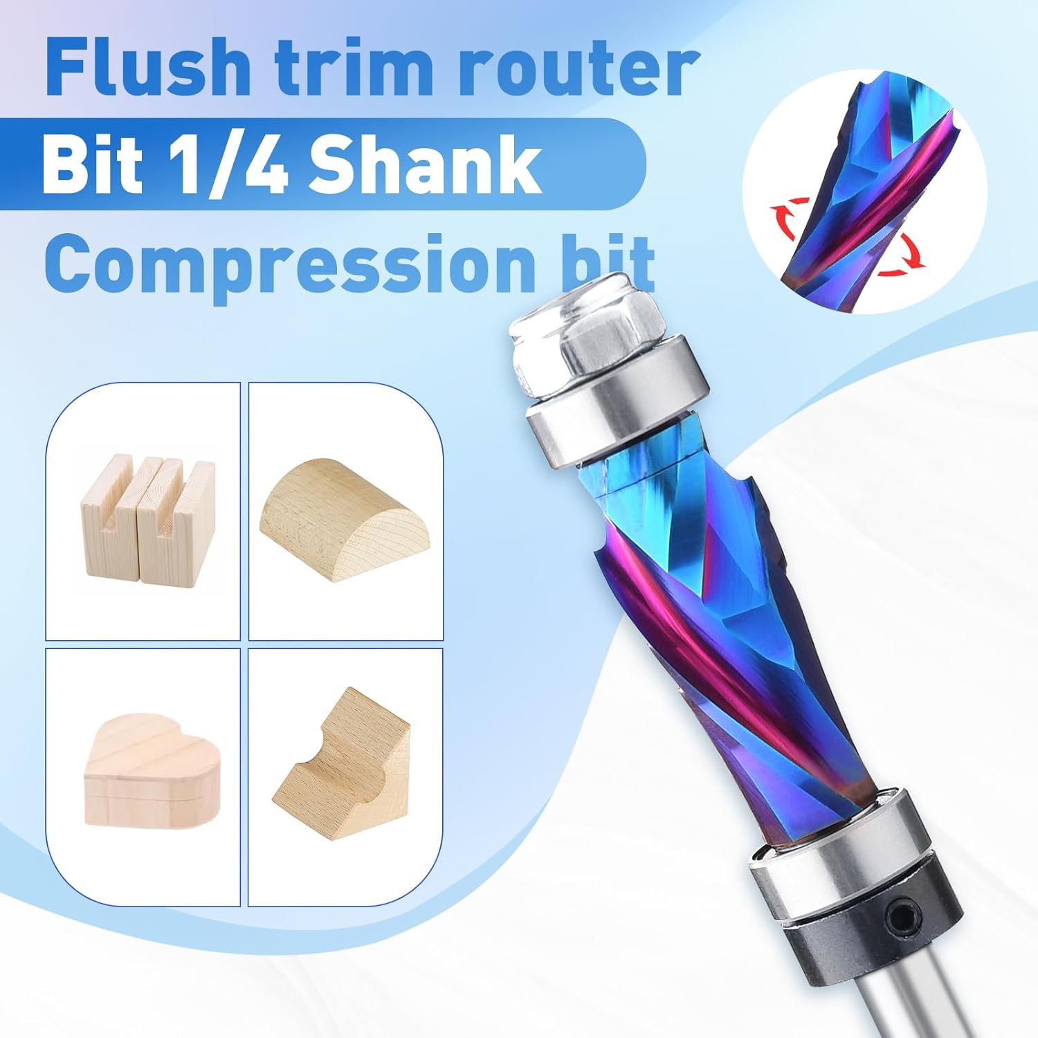 Spiral Flush Trim Router Bit Set，Top & Bottom Bearing，,1/2 inch Cutting Dia with 1/4 inch Shank with Nano Coated,Template Router Bit for Wood Trimming