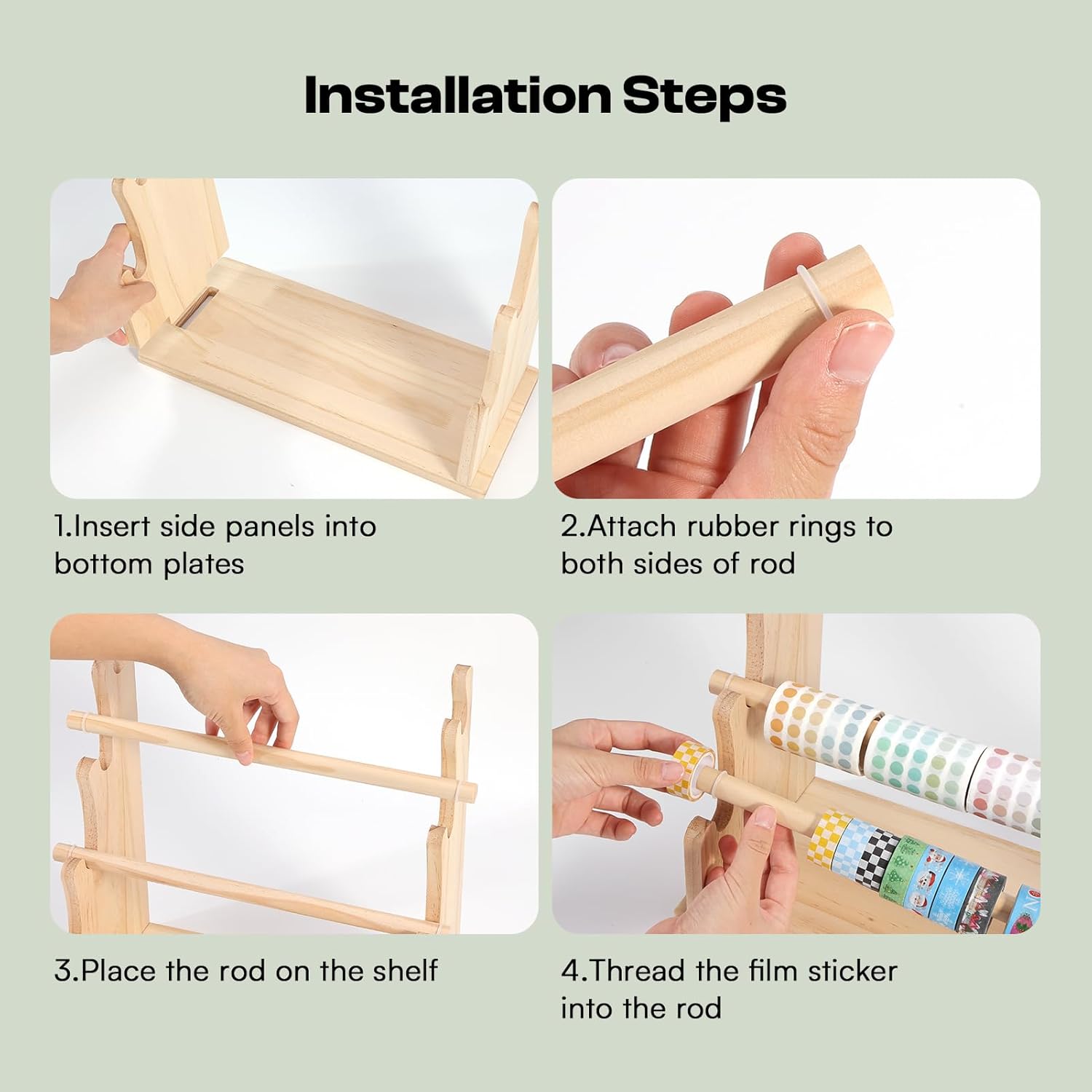 Caydo Washi Tape Organizer & Sticker Organizer, 4-Tier Wooden Display Rack for Craft Storage, Sticker Rolls, Ribbons & Bracelets for Sticker Collectors, Planner Enthusiasts, and Vendors