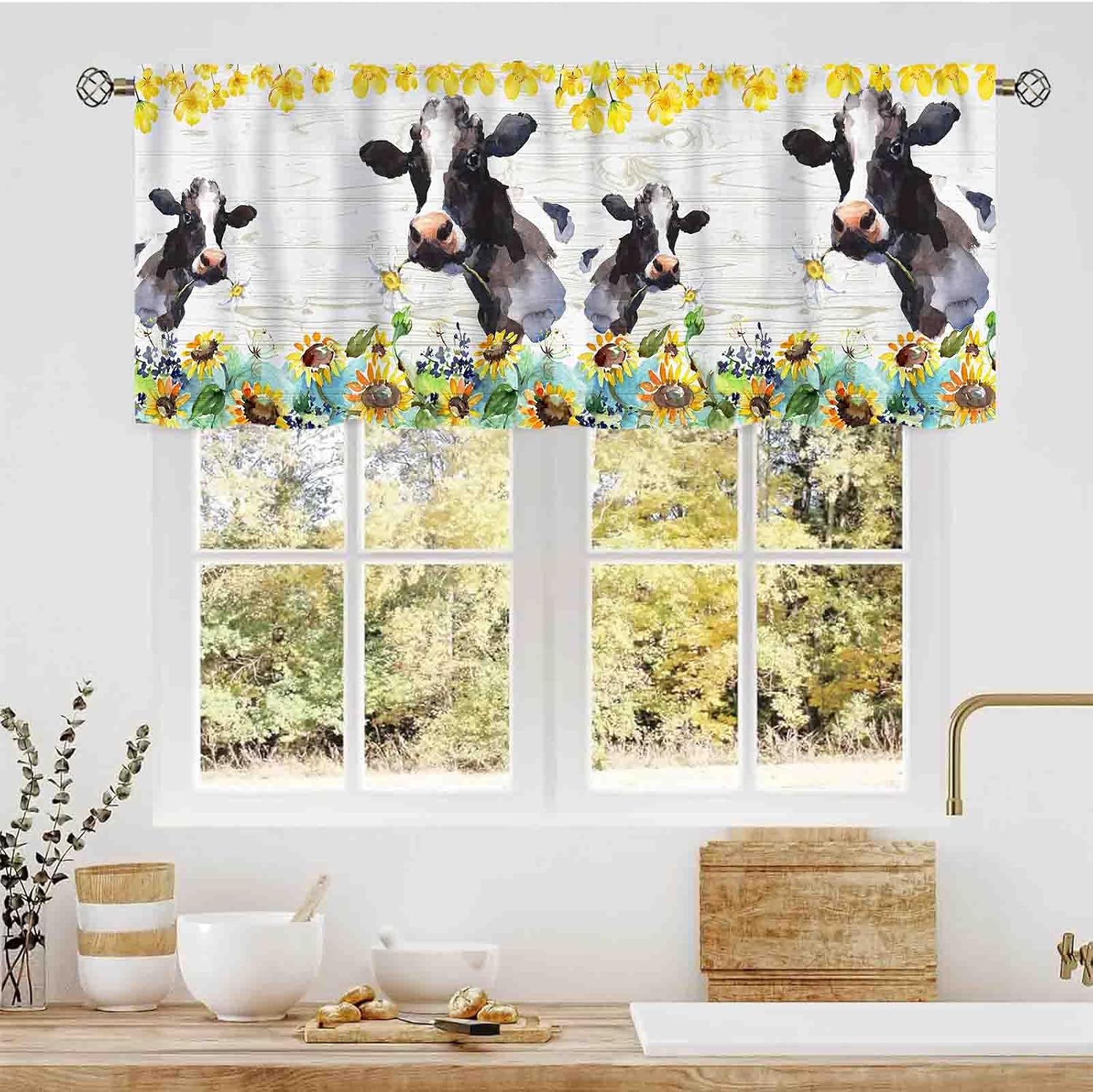 Farmhouse Kitchen Valance, Rustic Farm Animals Cow Chicken Pig Cabin Windmill Old Blue Wooden Board Rod Pocket Small Window Valance Curtains for Cafe Living Room Bedroom Cabinet Bathroom, 54"x18" Inch
