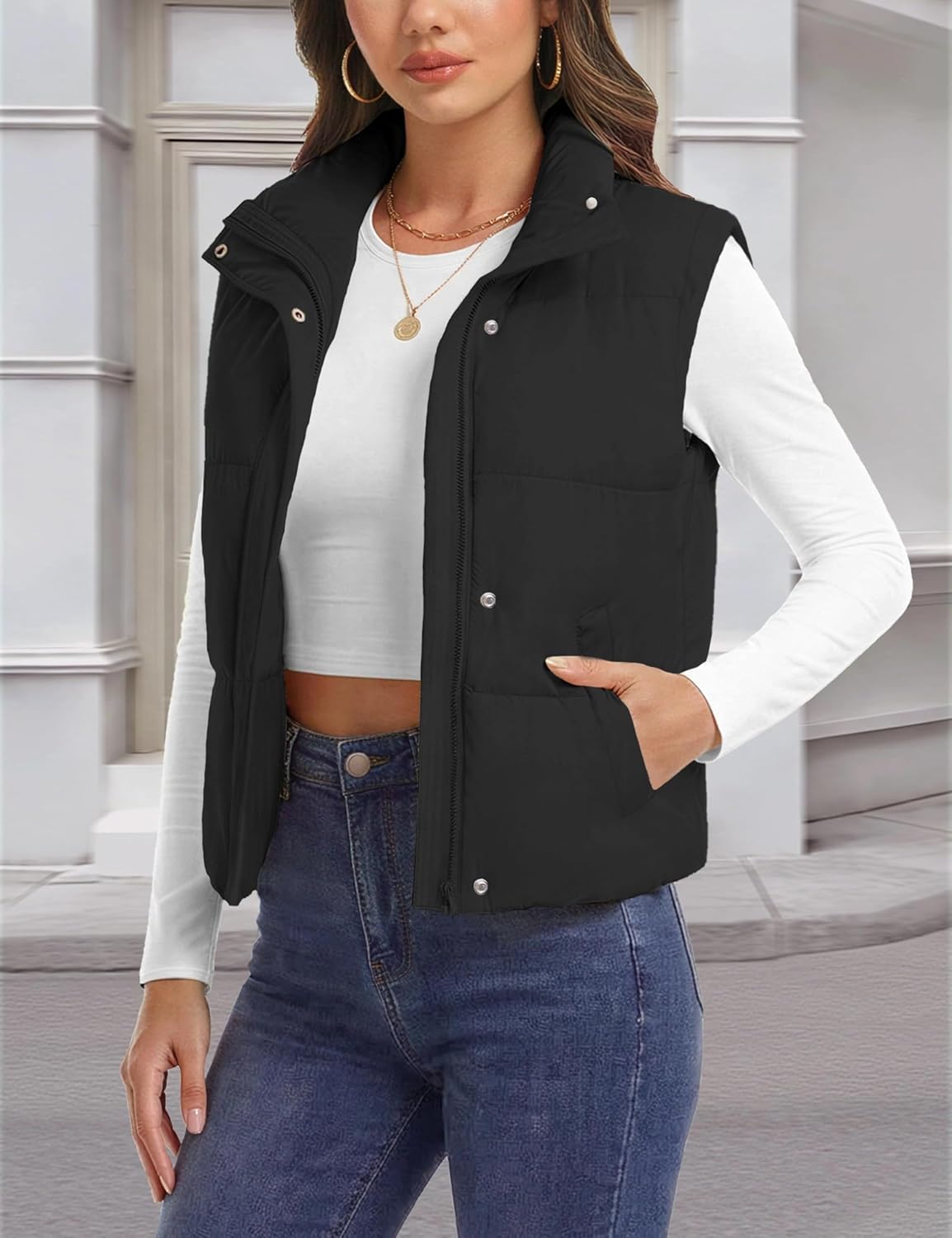 SMENG Womens Puffer Vest Sleeveless Cropped Stand Collar Button Zip Up Slanted Shoulder Warm Outerwear