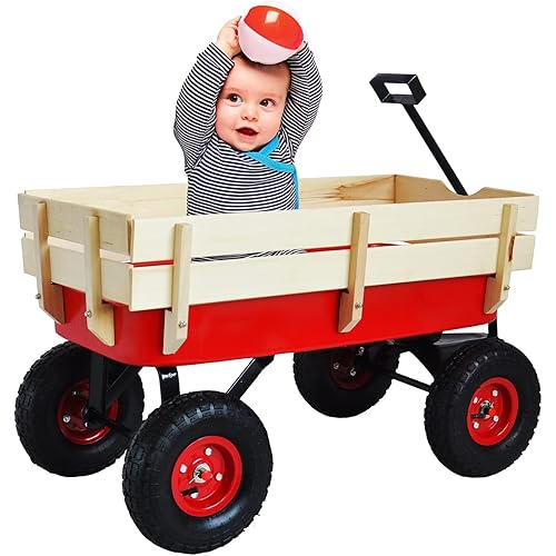 TKEEAC All Terrain Wagons for Kids Wagon with Removable Wooden Side Panels, Garden Wagon with Steel Wagon Bed, Folding Wagons for Kids/ Pets with Pneumatic Tires, Red