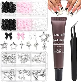 Bow Nail Charms Kit, 3 Colors Resin Bows, 6 Types Star Charms, Shiny Rhinestones with Glue Gel, Tweezer and Pickup Pencil for Nail Art and DIY Crafts Decoration