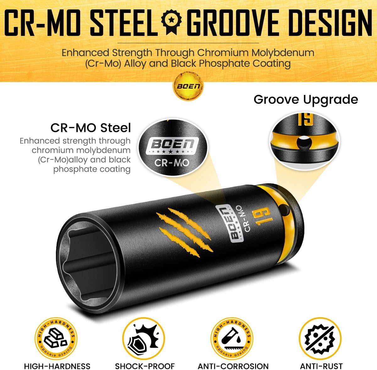 BOEN 1/2" Drive 19mm Deep Impact Socket Set, Chrome-molybdenum Steel, 6-Point Design, Deep Embossed and Painted Marking, Yellow Groove, Black Phosphate Coating