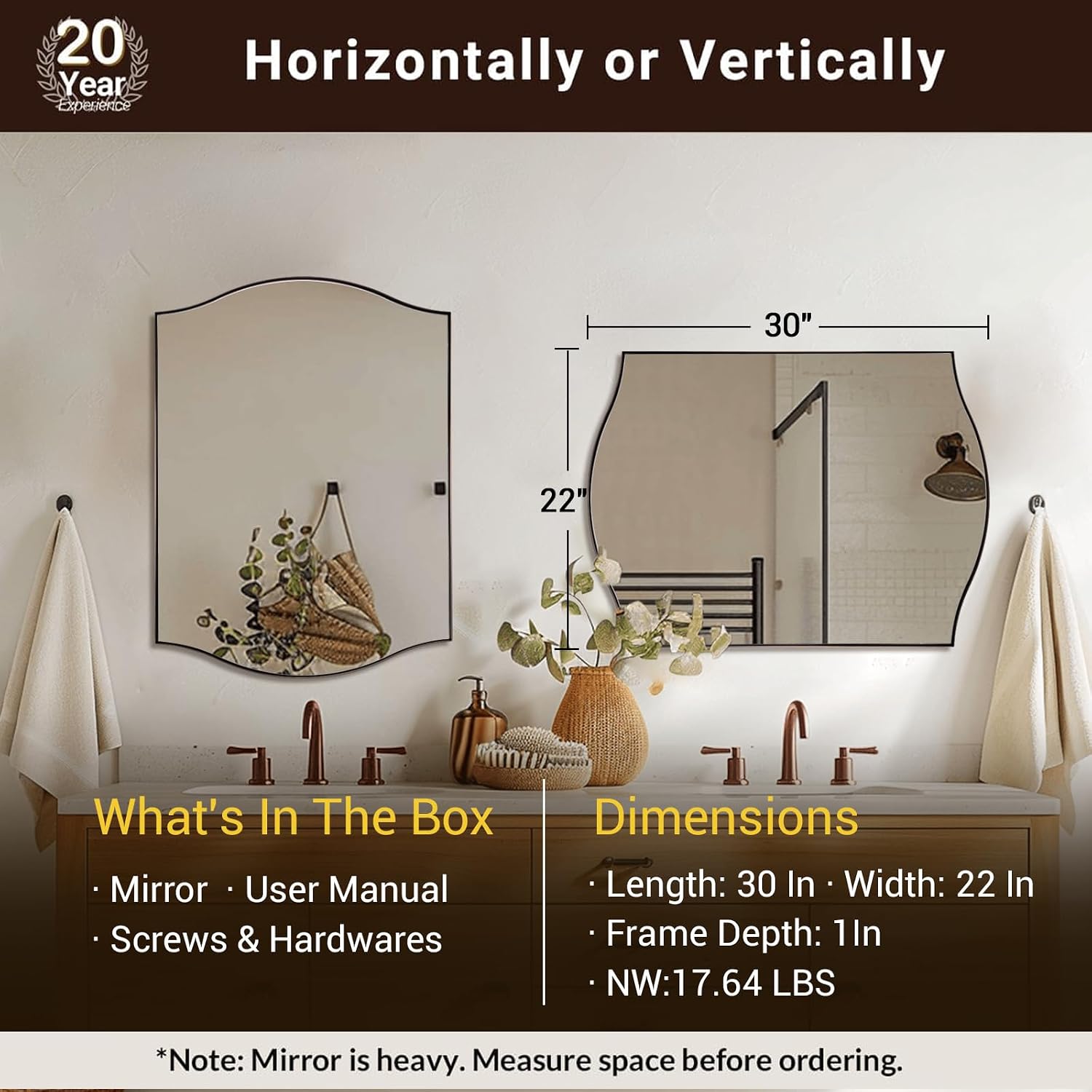 ANDY STAR 22"x30" Bronze Bathroom Mirror, Rectangle Scalloped Wall Mirror in Stainless Steel Metal Frame, Modern Brushed Bronze Finish with Curved Edge Design, Wall-Mount Mirror for Bathroom, Entryway image 2