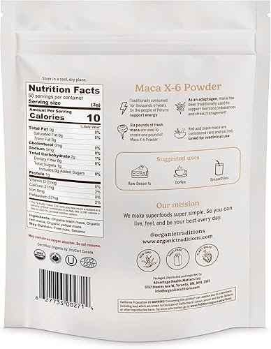 Miniatura 4 de Organic Traditions Polvo negro y rojo de Maca X-6 Polvo de raíz de maca Superalimento energizante para hombres y mujeres Bolsa de 150 g/5.3