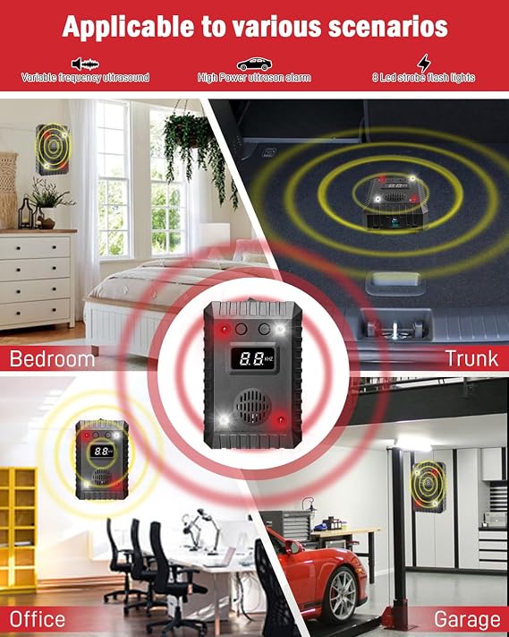 Ultrasonic Rodent Repeller for Car, Under Hood Mouse Repellent with Strobe Light, Rat Rodent Pest Deterrent for Cars RV, Pest Mouse Repeller for Cars Engine Truck Garage