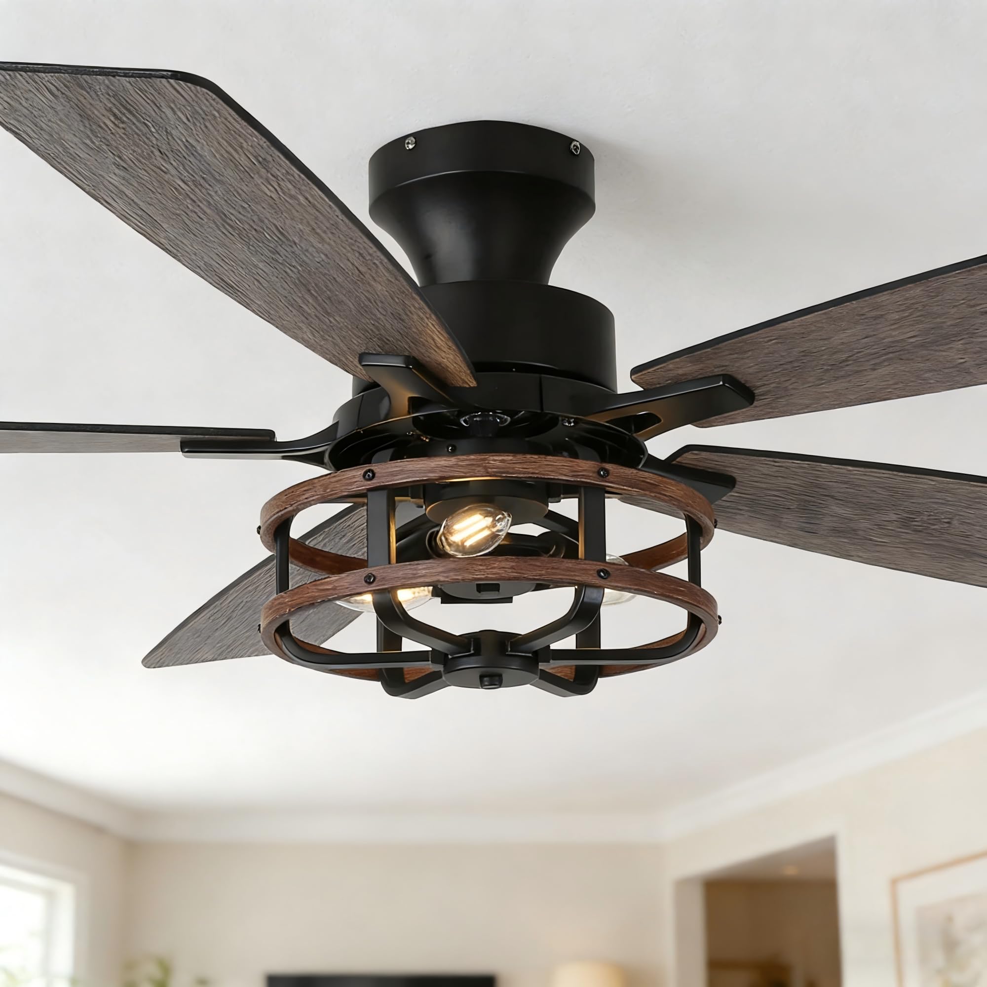 52" Flush Mount Farmhouse Ceiling Fan with Lights and Remote