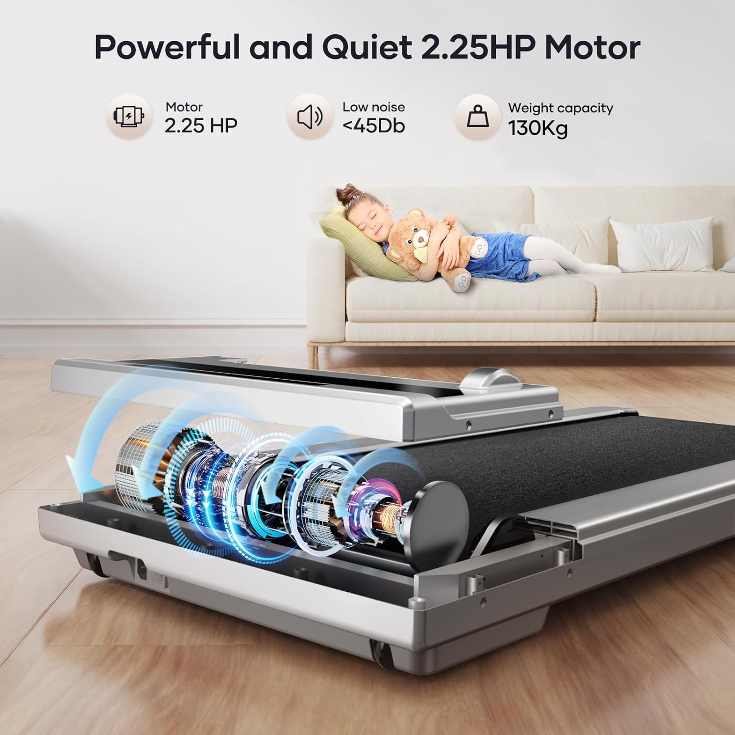 Image highlighting the powerful and quiet 2.25HP motor with less than 45dB noise and 130kg weight capacity.