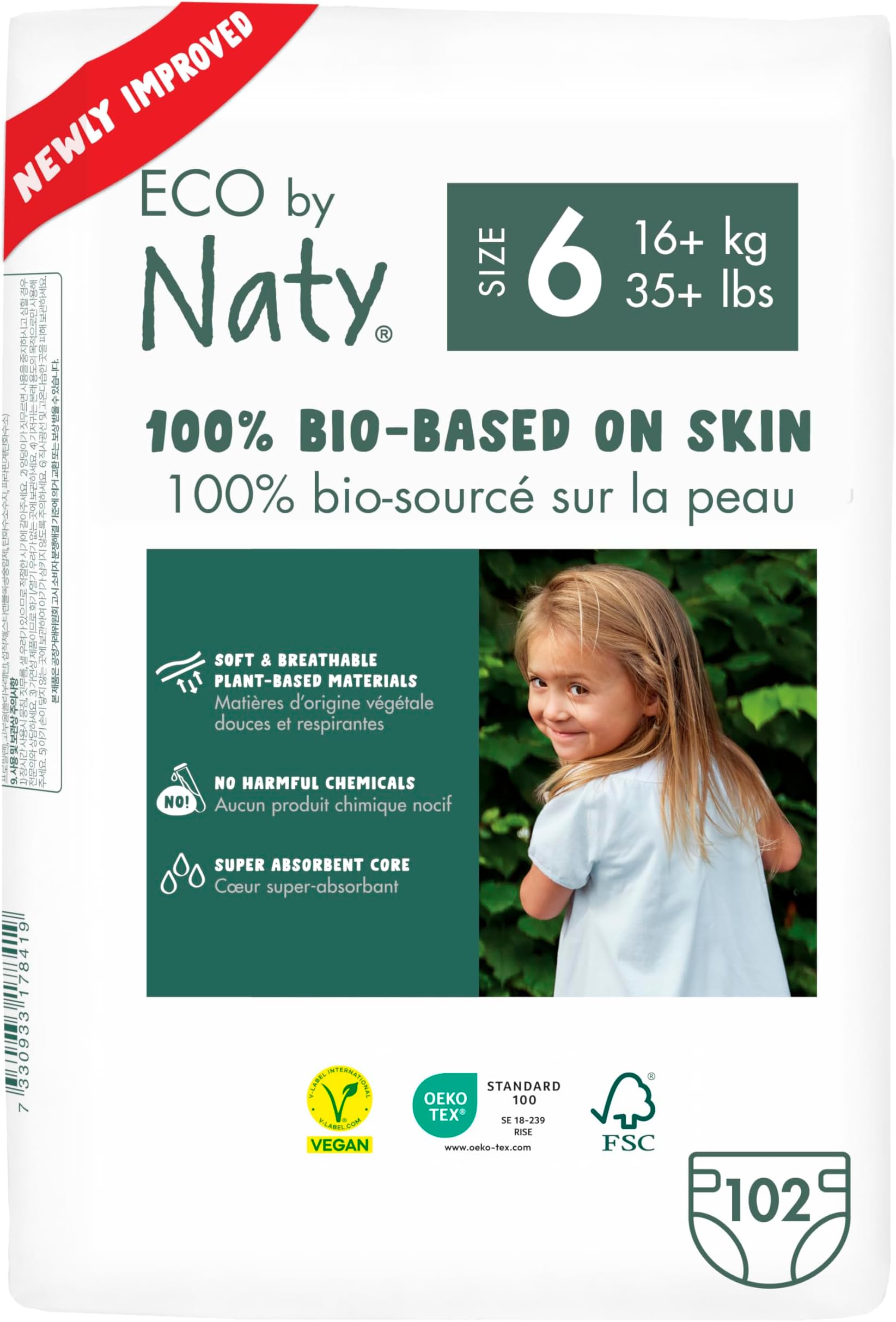 Naty Baby Nappies - 100% Plant-Based Materials on Skin, Soft, for Sensitive Skin & Super Absorbent (Size 6, 102 Count)