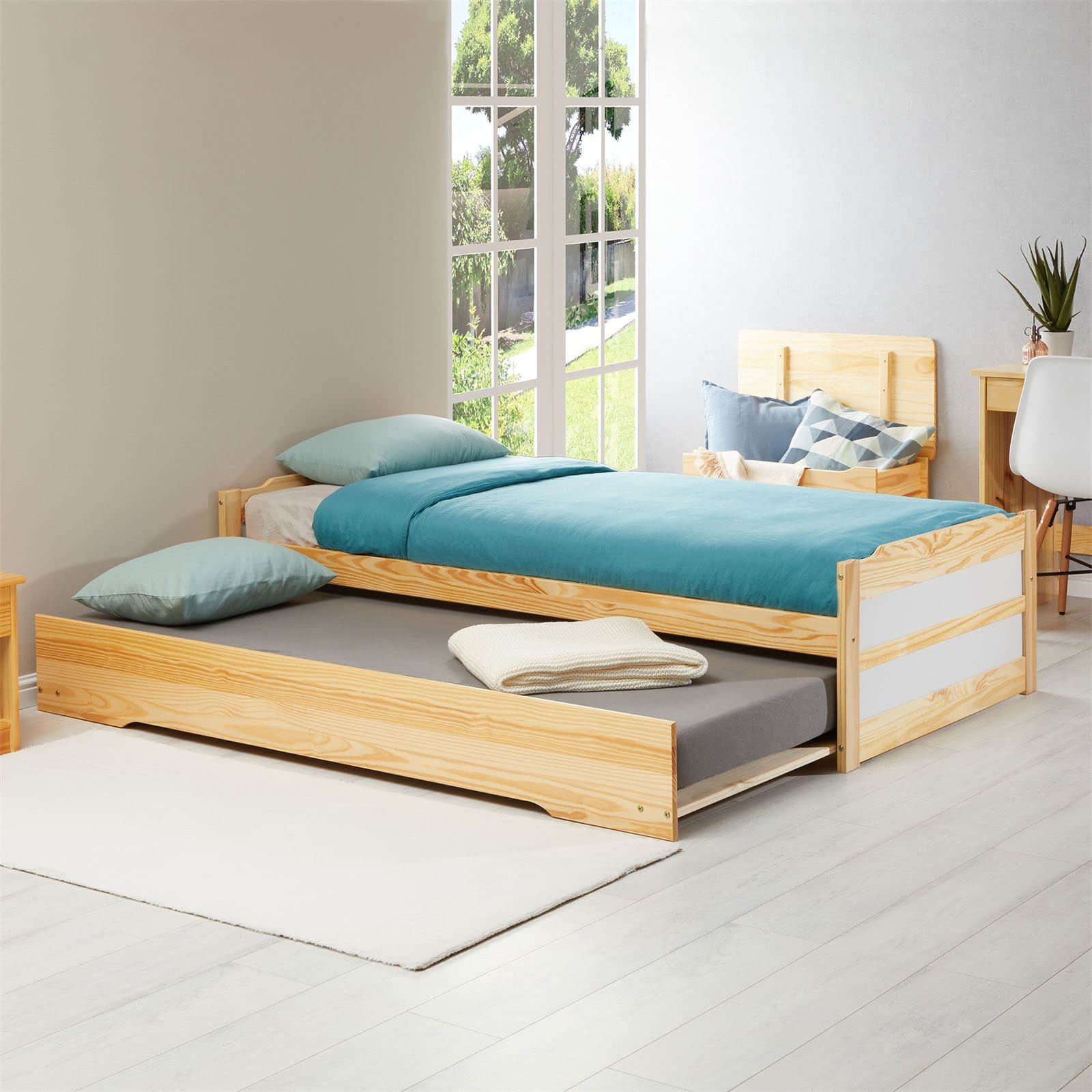 IDIMEX Lit gigogne Lorena 1 Personne tiroir lit Fonctionnel 90 x 190 cm pin Massif recouvert d'un Vernis Naturel et Blanc