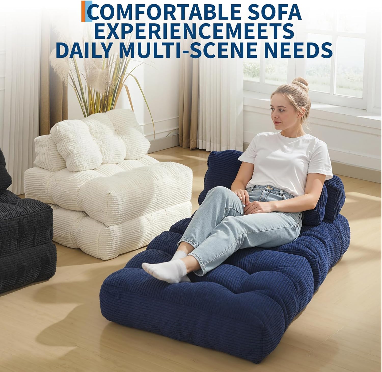 Folding Sofa Bed, Convertible Sleeper Chair with Pillow Foldable Matress with Back Support, Portable Fold Out Chair Bed Comfy Floor Sofa Lounge for Living Room Bedroom, Navy Blue, Single