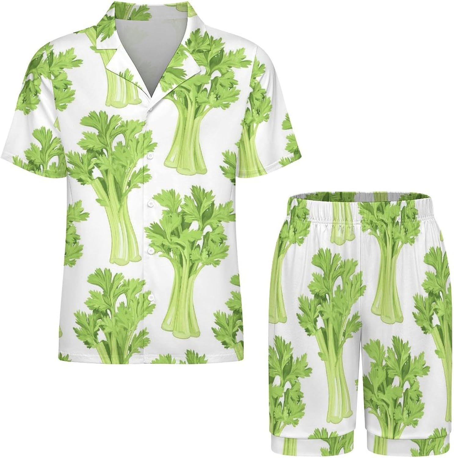 Green Celery Vegetable Men's Short Sleeve Pajama Set Satin Silk Like Lounge Sleepwear