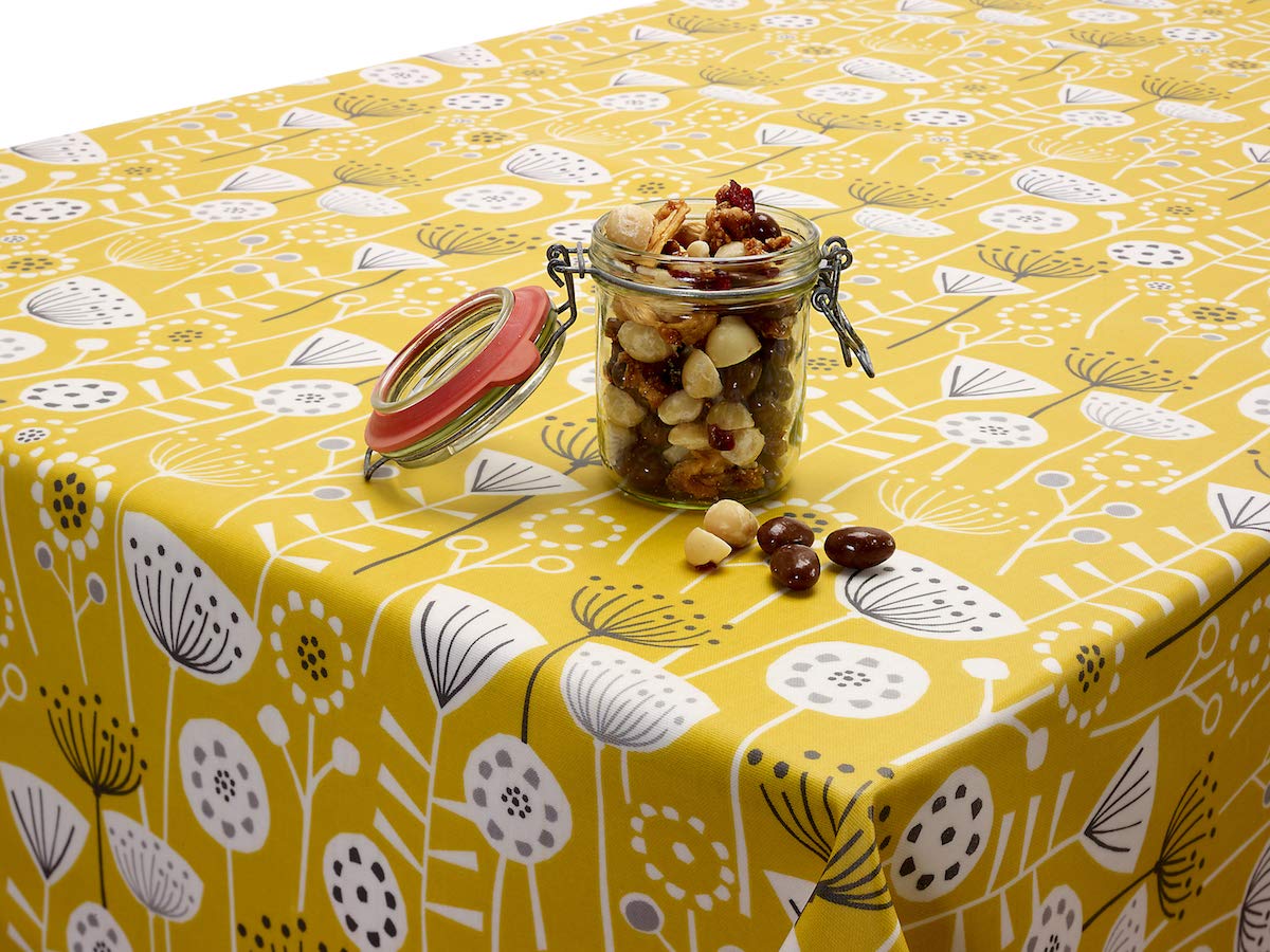 Jolee Tablecloths Bergen Ochre Yellow Floral Scandinavian Oilcloth Wipe Clean Tablecloth Jolee Fabrics Wipe Clean Tablecloth Yellow Floral Scandinavian Oilcloth, 130Cm (51") Diameter Round