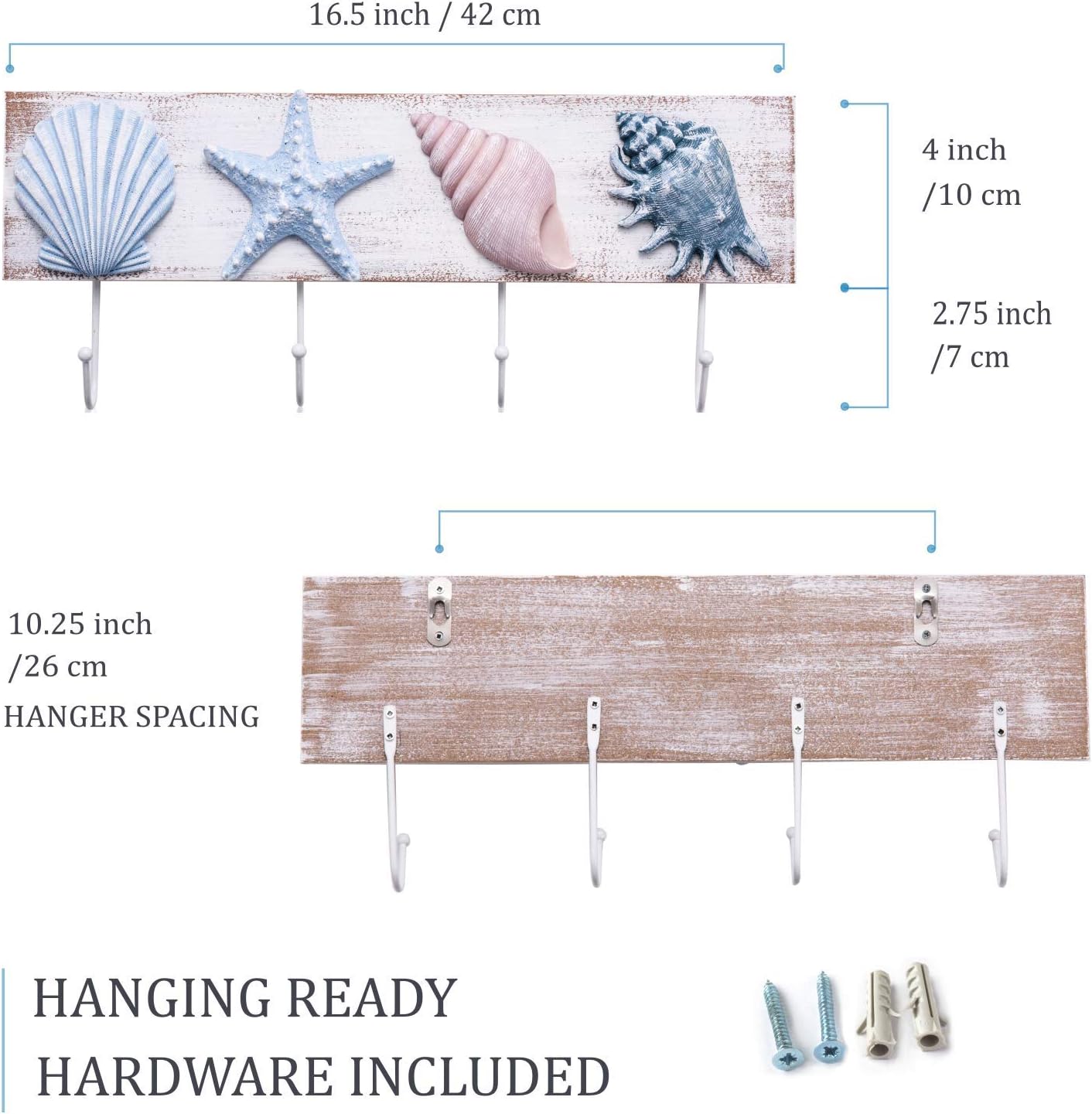 TideAndTales Beach Decor Seashell Wall Hooks Towel Rack for Bathroom, Bedroom or Kitchen | 4 Strong Hooks | Ocean Theme Beach House Decor