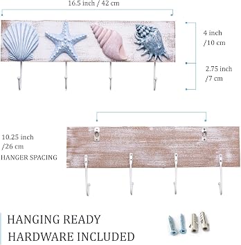 TideAndTales 3D Art Beach Wall Decor (Set of 3) & Seashell Wall Hooks, Towel Rack for Coastal Bathroom or Bedroom, Shells and Starfish Beach Decorations for Home, Ocean Theme House Decor