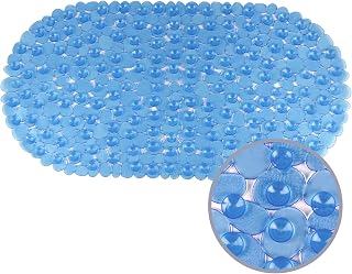 Alfombra de ducha antideslizante de plástico para niños y familiares, alfombra de baño antideslizante con cientos de ventosas, alfombrilla de ducha redonda de PVC 69 x 36 cm, color azul