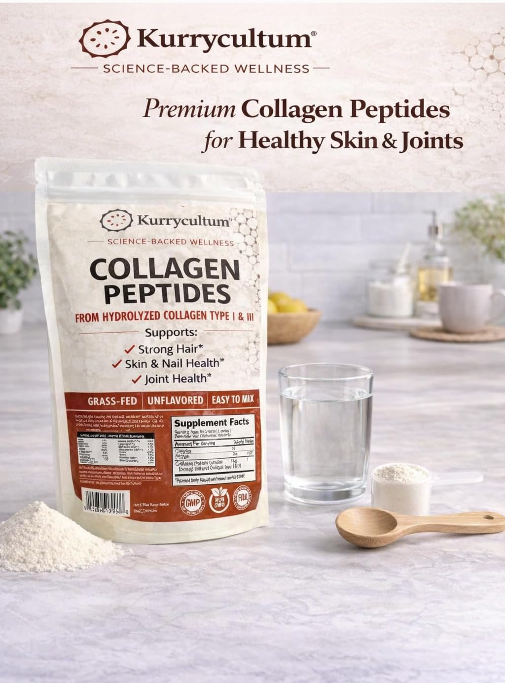 Collagen Peptides Protein Powder - Grass Fed Hydrolyzed Type 1 & 3 Collagen Powder for Skin, Hair, Nails - Unflavoured Freely Dissolves in Coffee -16 oz (45 Servings)