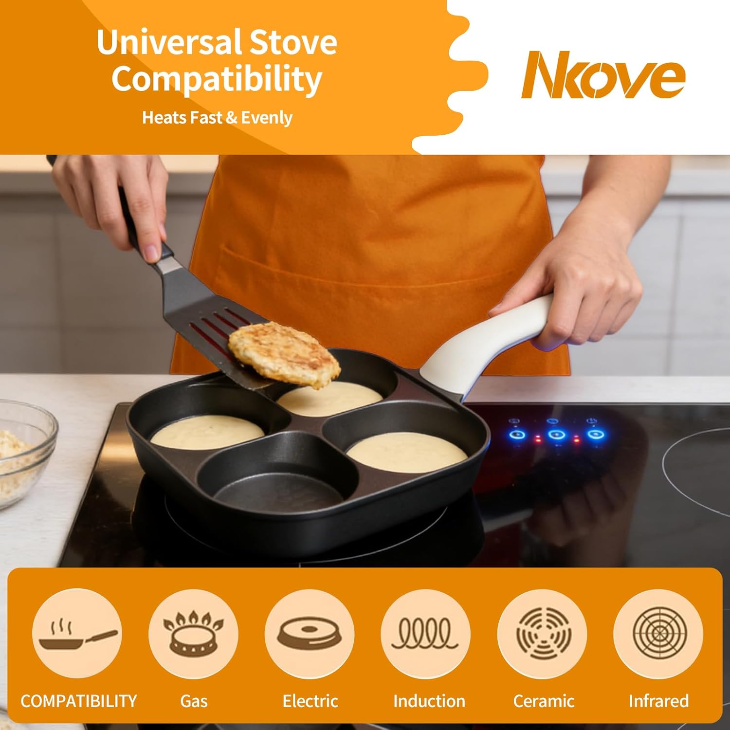 Nkove 4-Cup Titanium Nonstick Egg Pan Omelette Pan，Versatile Breakfast Skillet for Eggs, Pancakes, Plett, Crepes, Suitable for Gas Stove & Induction Cookware