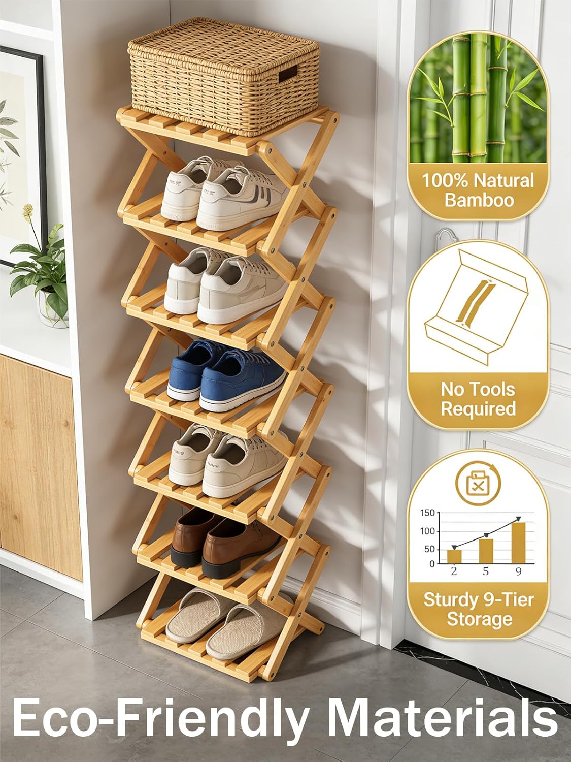 The 9-Tier No-Assembly Bamboo Rack, Foldable Vertical Storage Rack Without Assembly for Entryway, Cabinet, Dormitory Space Saving Bamboo Folding Shoe Rack (Yellow,4)