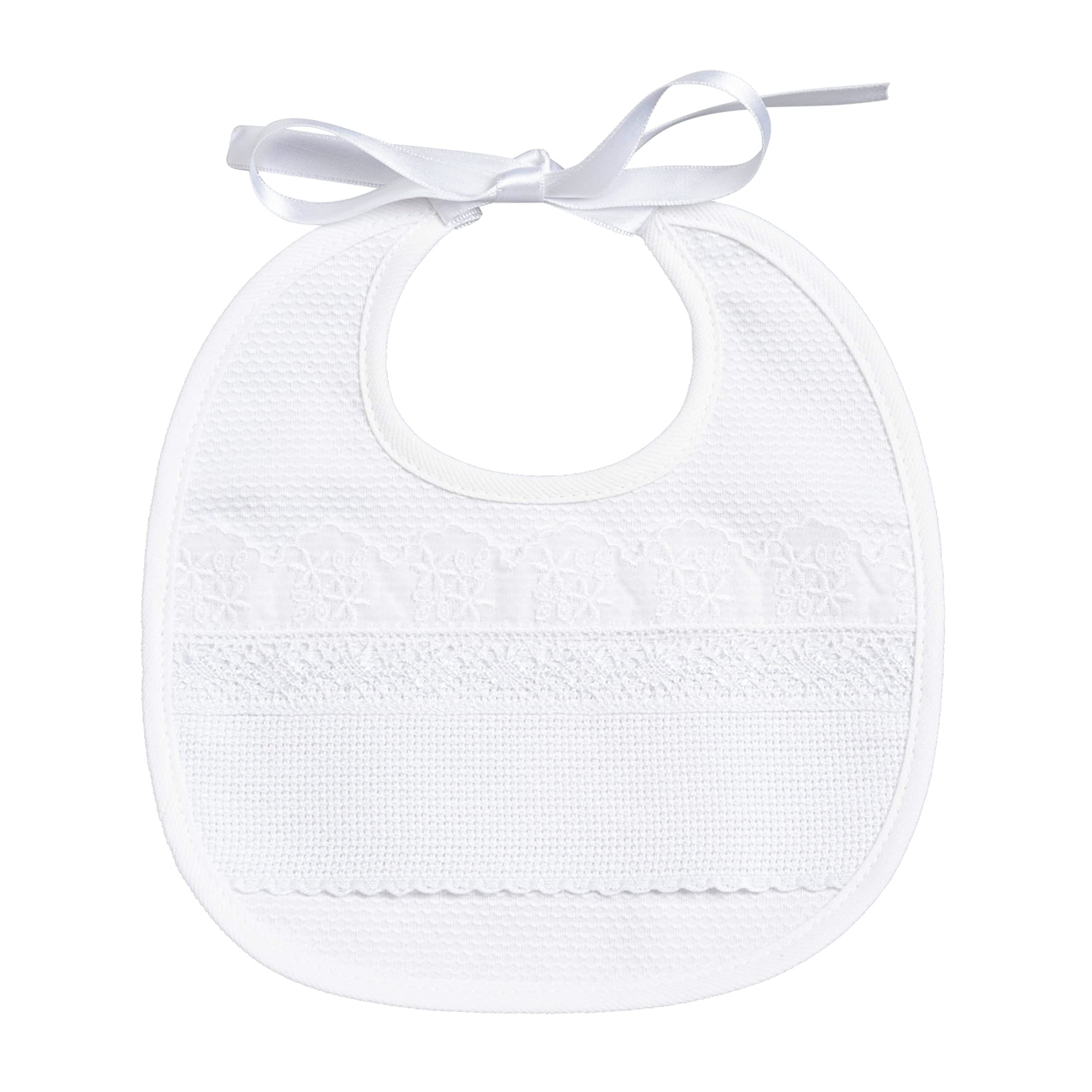 FILET - Elegant and Finished Ceremonial Bib, Made from High Quality Cotton with Aida Band Embroidery and Lace, Ideal for Newborns and Infants, 100% Made in Italy, White Colour