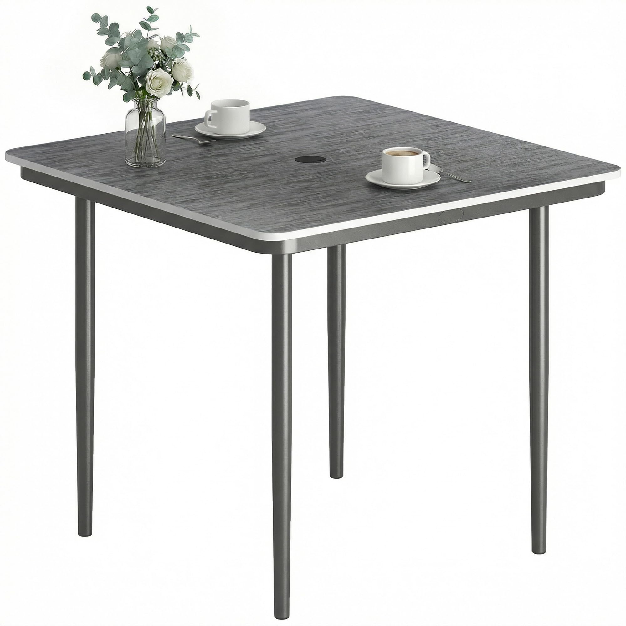Outsunny Garden Dining Table for 4 Person, 85 cm Square Outdoor Garden Table with Umbrella Hole, Faux Wood WPC Top and Metal Legs, All Weather for Patio, Balcony, Porch, Terrace, Dark Grey