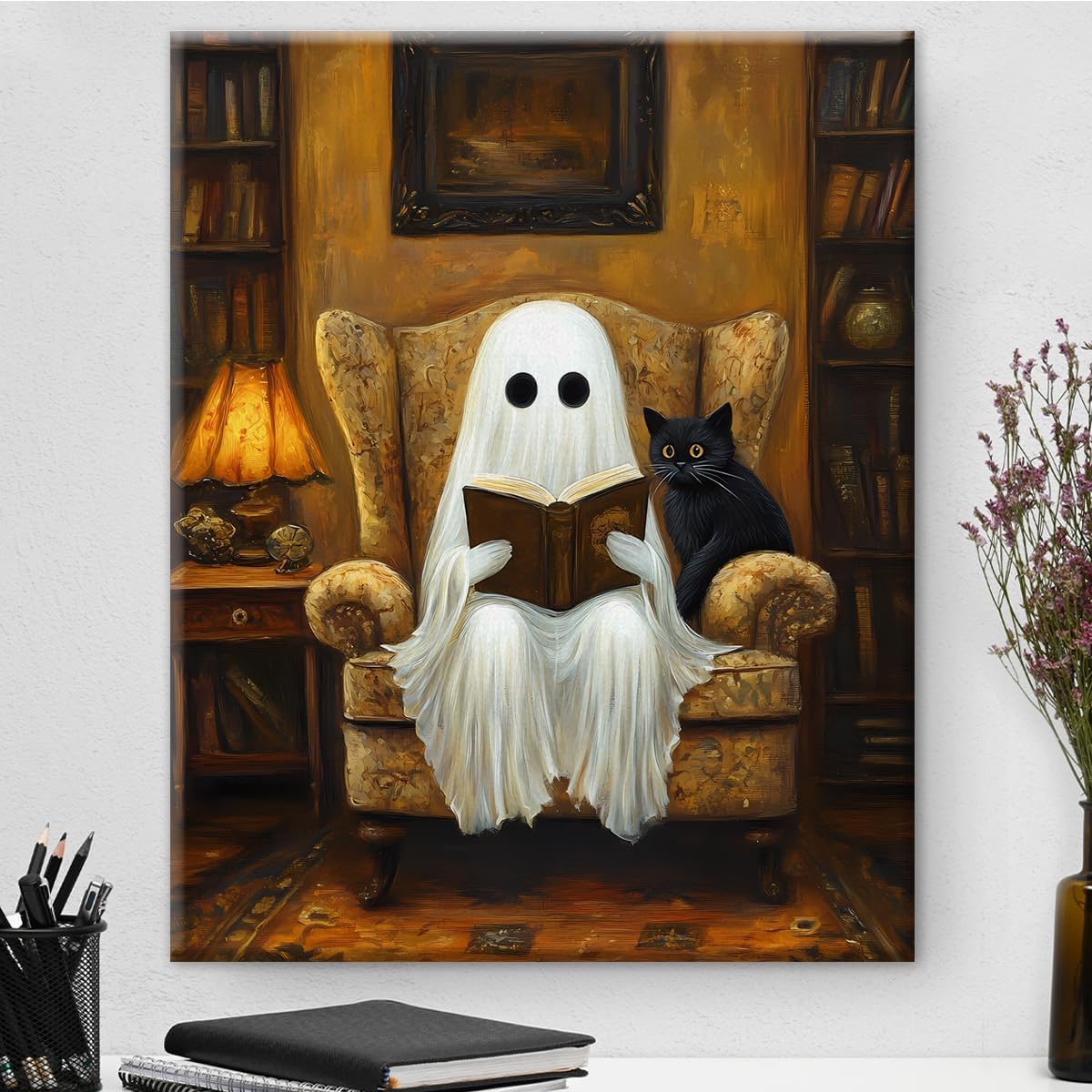 Whimsical Ghost Cat Canvas Wall Art Print Spooky Dark Academia Ghost Picture Poster Goth Framed Painting Wall Decorations for Home Living Room Reading Room, Halloween Decor 8×10 Inches