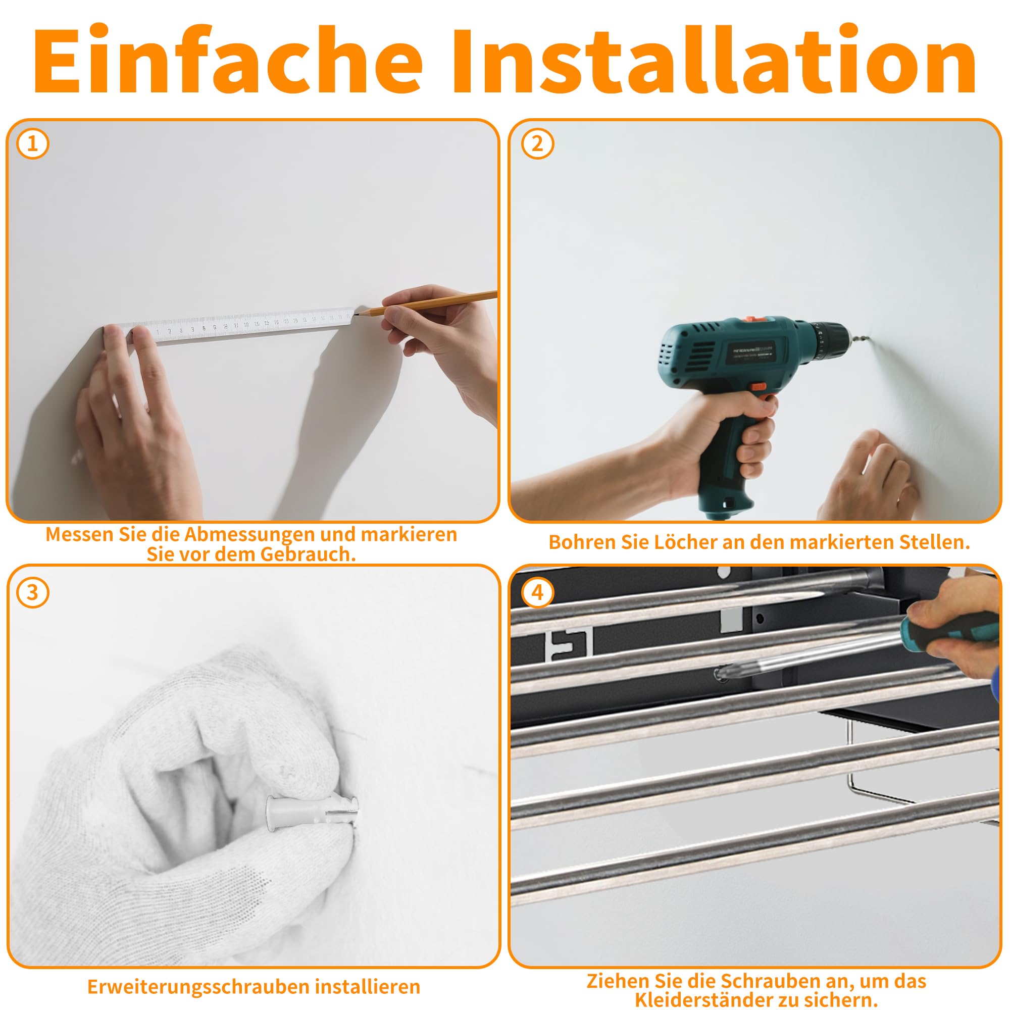 Wäscheständer Wandmontage, 80CM Klappbarer Wandtrockner mit Fünf Edelstahl-Kleiderstangen, Wäscheständer Wand mit 4M Trockenlänge, 25 KG Tragkraft,für Drinnen oder Draußen (Schwarz)