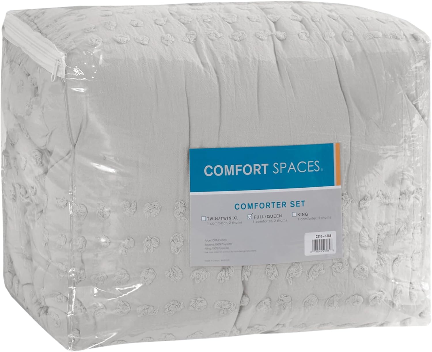 Comfort Spaces Cotton Comforter Set Jacquard Pom-Pom Tufts Design, Down Alternative, All Season Modern Bedding, Matching Shams, Twin/Twin XL, Grey 3 Piece