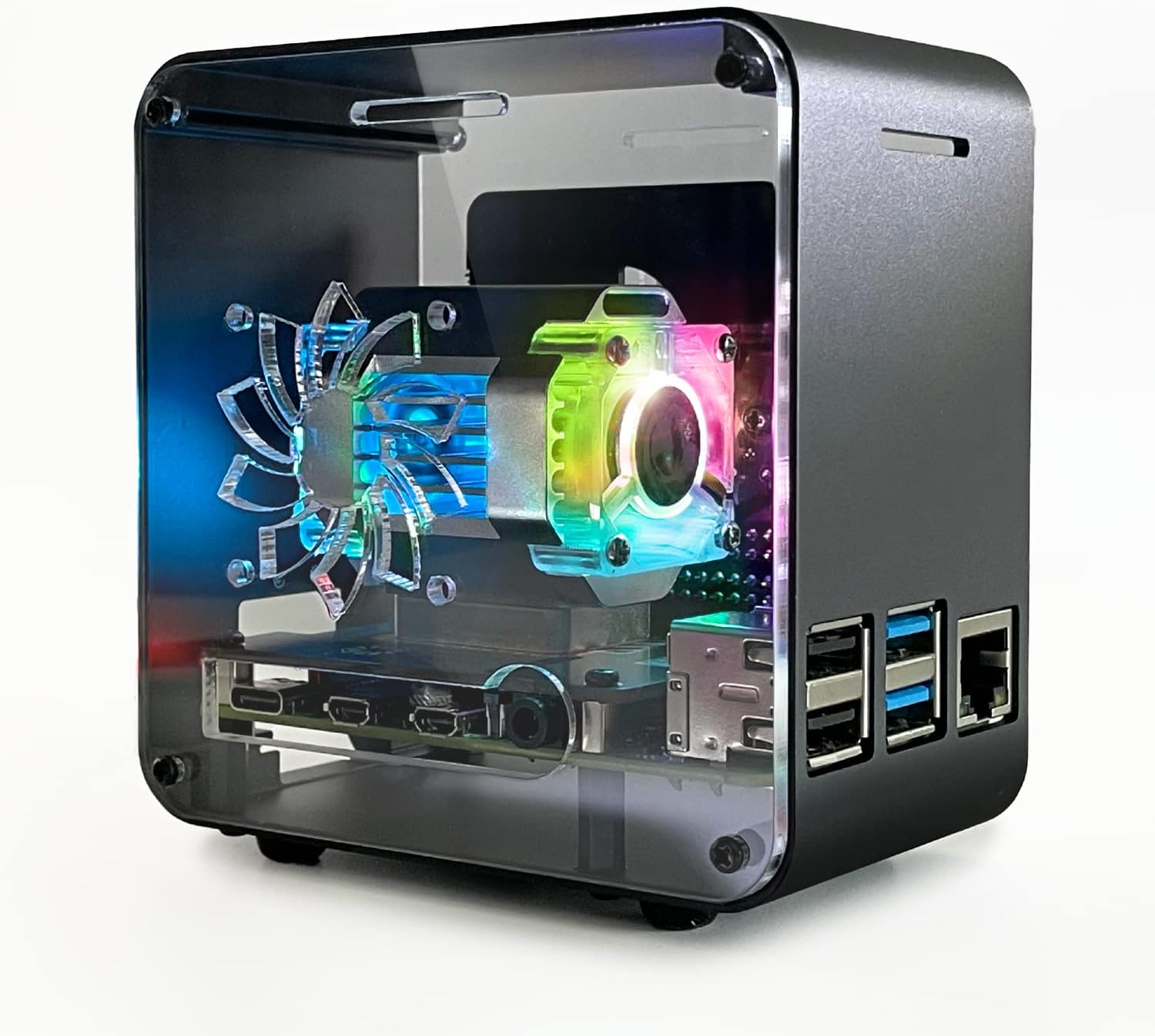 ElectroCookie Raspberry Pi 4 Case, Aluminum Mini Tower Case with Dual Power Cooler and Color Changing Ambient Light (Matte Black)