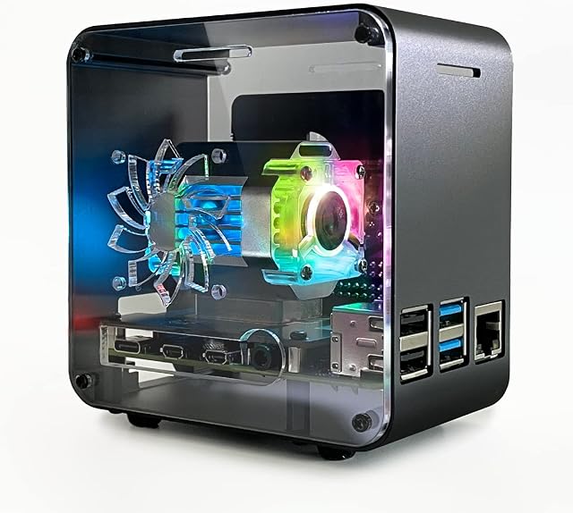 ElectroCookie Raspberry Pi 4 Case, Aluminum Mini Tower Case with Dual Power Cooler and Color Changing Ambient Light (Matte Black)