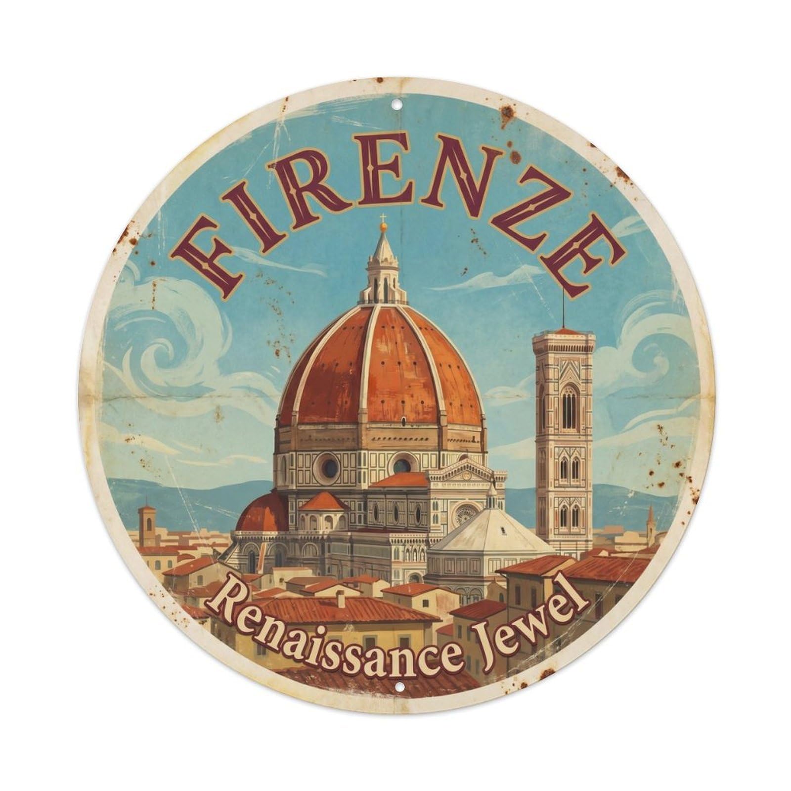 Vintage Travel Duomo Florence Tuscany Metal Tin Sign Plaque Wall Decor for Cafe, Club, Garden Round Metal Poster 8x8Inch