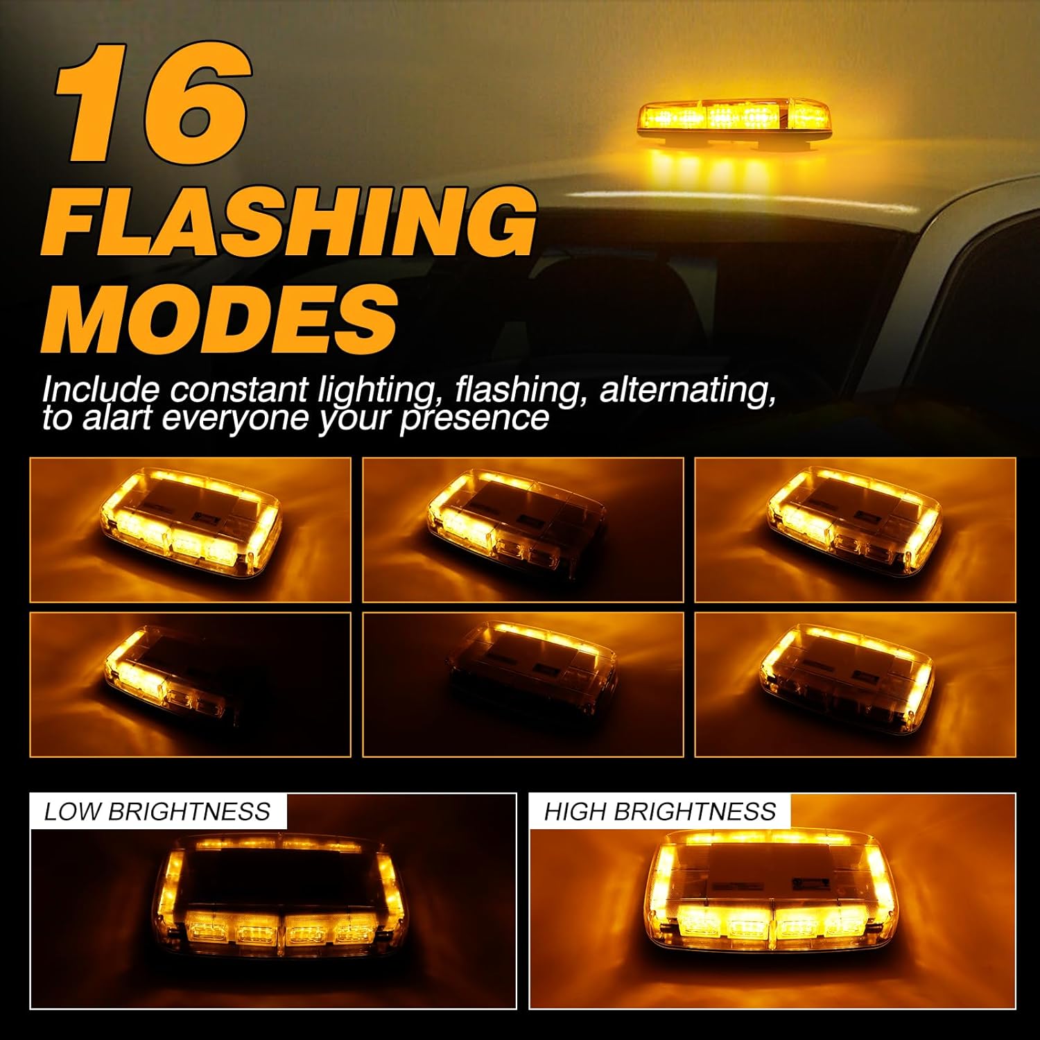 Amber Strobe Lights with Magnetic Base, 48 LED Wireless Rechargeable Emergency Strobe Beacon Light, 12V-24V Roof Top Flashing Light for Car Trucks Vehicles